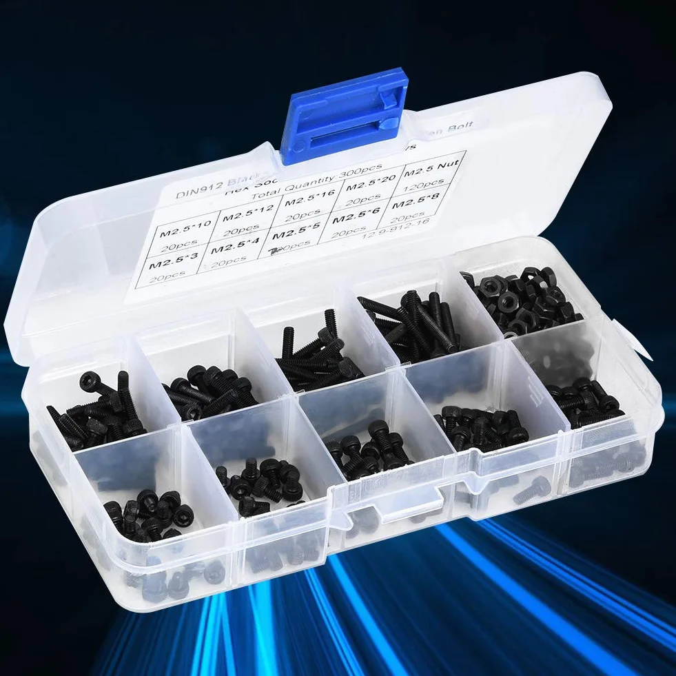 300-częściowa śruba sześciokątna z łbem sześciokątnym M2,5 x 3-20 mm, śruba z łbem sześciokątnym z czarnej stali stopowej 12,9 z nakrętką