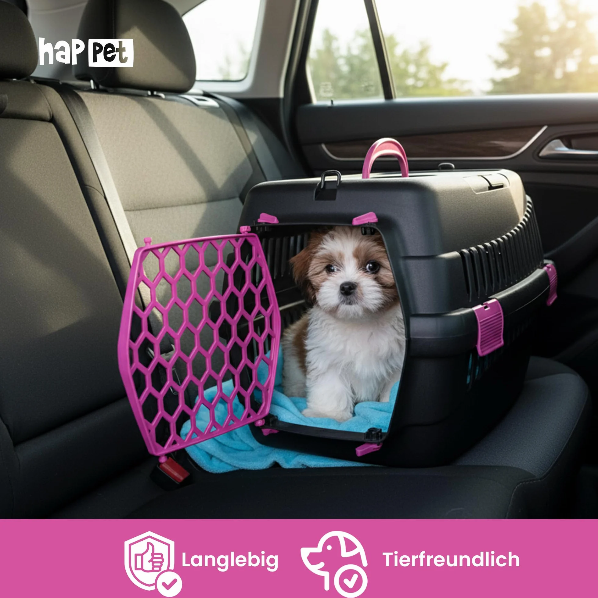 HAPPET Transporter dla zwierząt TEDDY M Fuchsia – klatka podróżna dla kotów i małych psów, wentylowana klatka ze zdejmowanymi drzwiami, klipsami i uchwytem