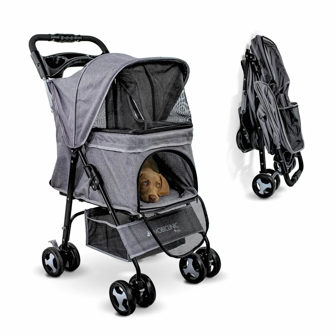 Mobiclinic®, Składany wózek dla psa, Do 15 kg, Małych Psów, Koł z hamulcami 360°, Kosz xl, 3 Okna Zamkiem Błyskawicznym i Moskitierą, Zuma (Szary)
