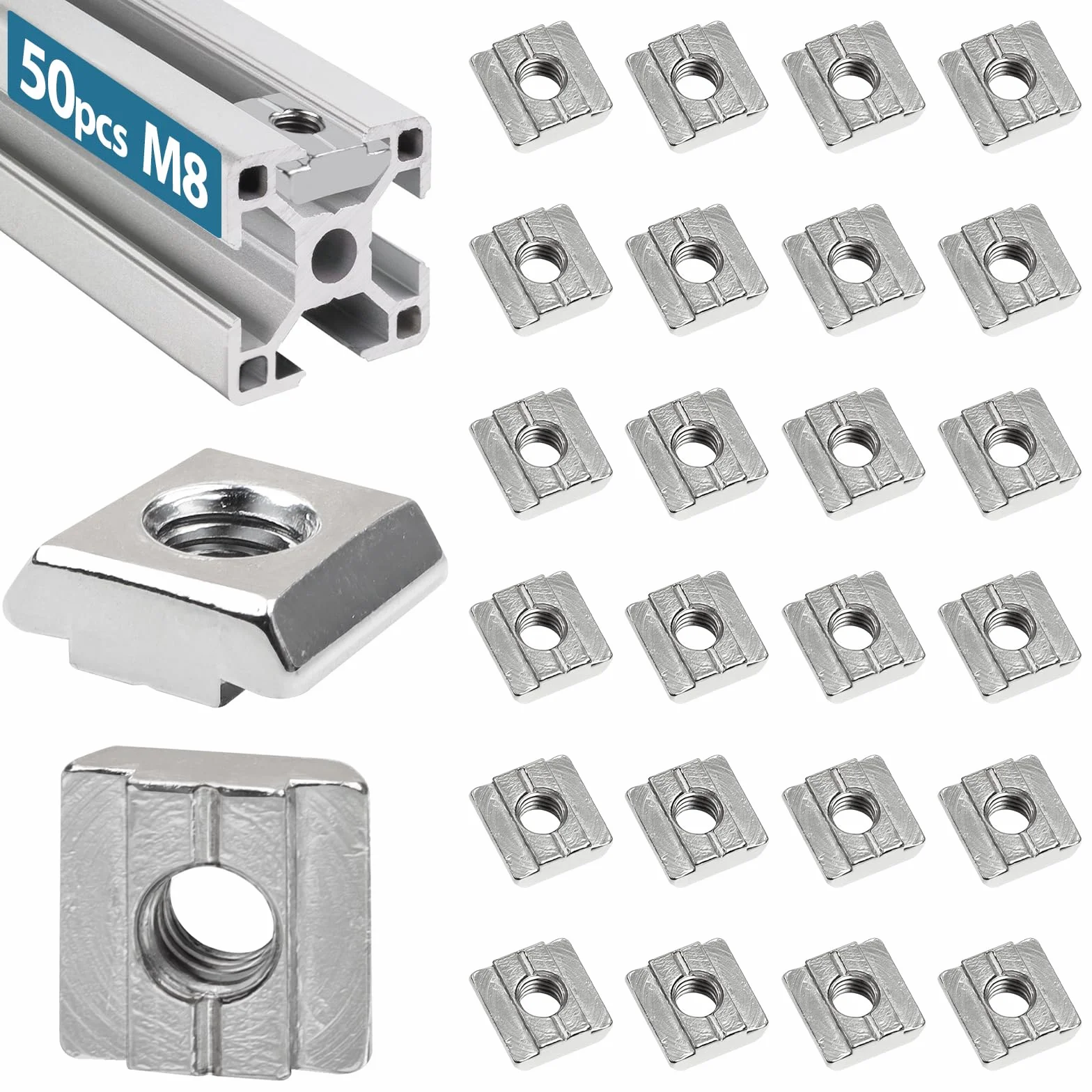 50 sztuk kamieni ustalających M8, zestaw kamieni ustalających Leryati T-Nut z węglika stali, długie kamienie ustalające T-Nut z aluminium z wytłaczanego rowka, kamienie ustalające węglik stali M8