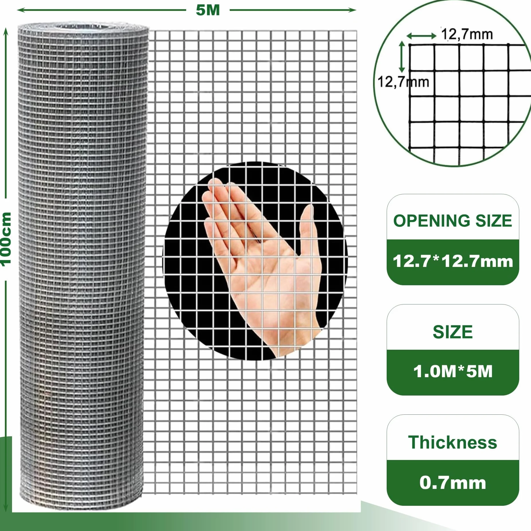 Amagabeli Ogrodzenie siatkowe spawane ocynkowane 1,0 m x 5 m oczko 12x12 mm drut 0,7 mm