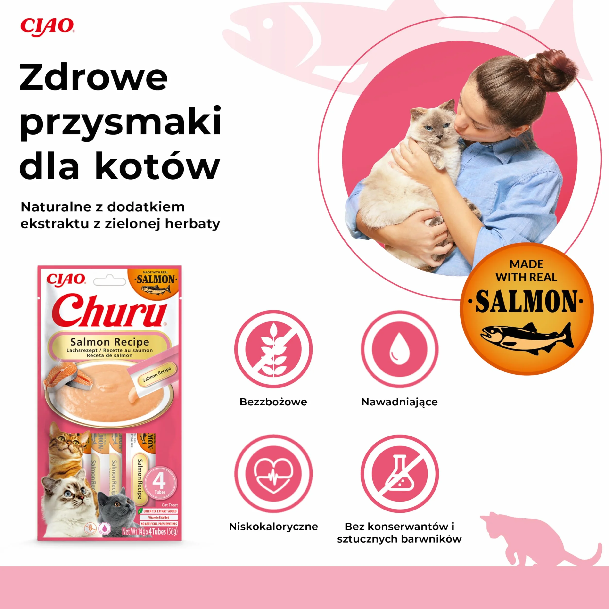 INABA Churu Treats Cat Treats 30% łososia, bogaty w kwasy omega 3, witaminę E, kolagen, tylko 12 kcal na tubkę | zdrowe przysmaki dla kotów z Japonii, 56 g (1 opakowanie)