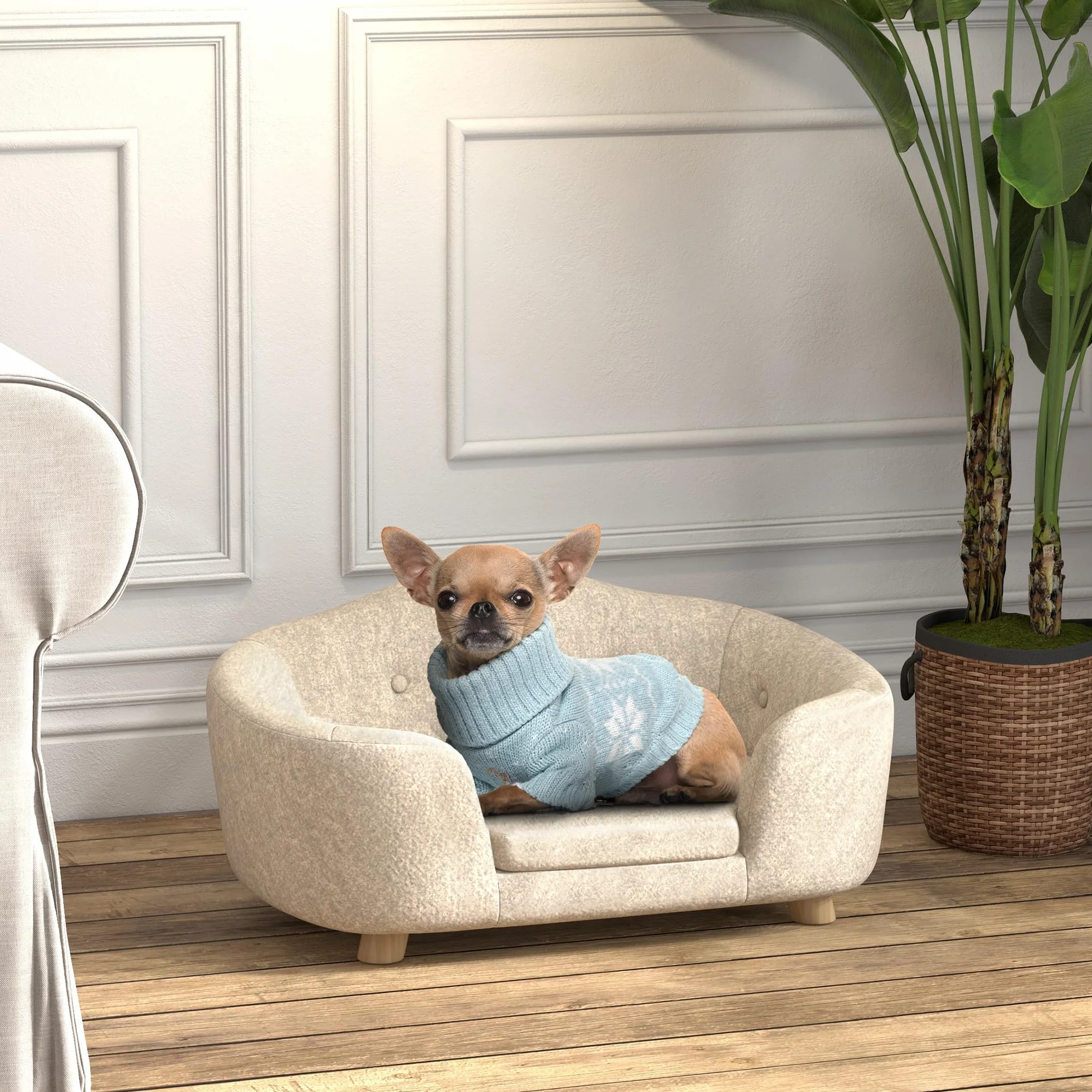 PawHut Sofa dla psa legowisko kanapa z poduszką plusz pianka drewno sosnowe beżowy jasnoszary 70x47x30 cm