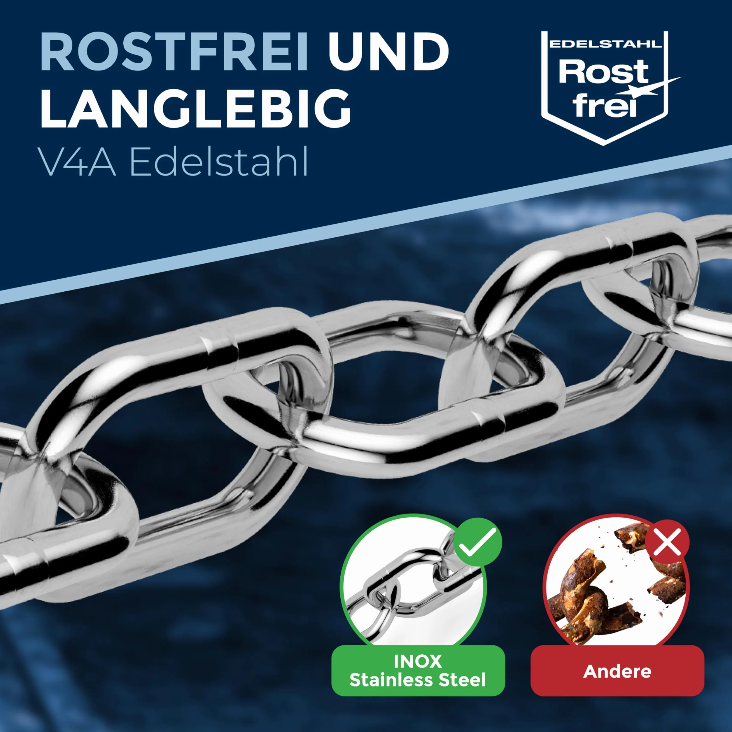 Łańcuch ze stali nierdzewnej 316 klasa morska 4 mm długie ogniwo DIN 763 DIN 5685 łańcuch kotwiczny 1 m 1 sztuka NietFullThings