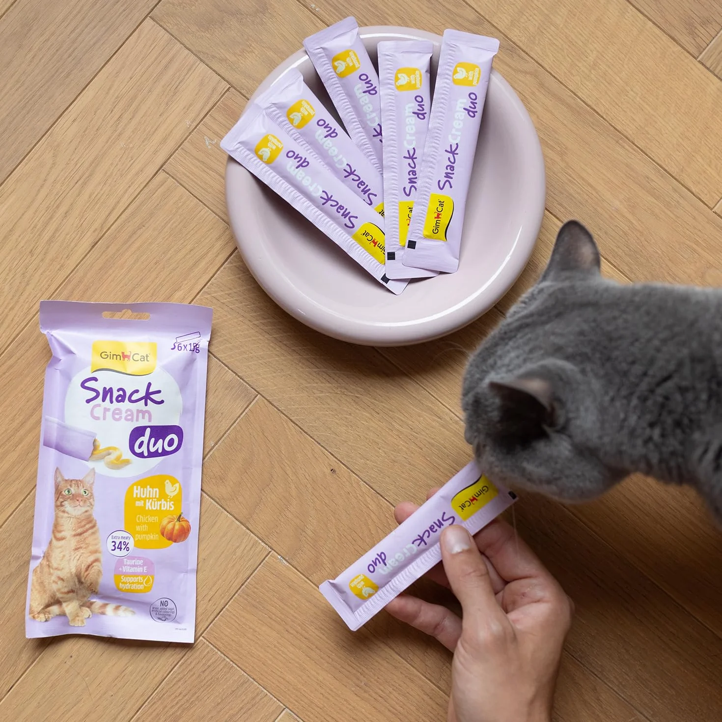 GimCat Snack Cream Duo kurczak i dynia – pyszny krem na przekąski dla kotów w praktycznych, pojedynczo zapakowanych porcjach – 6 sztuk (6 x 15 g)