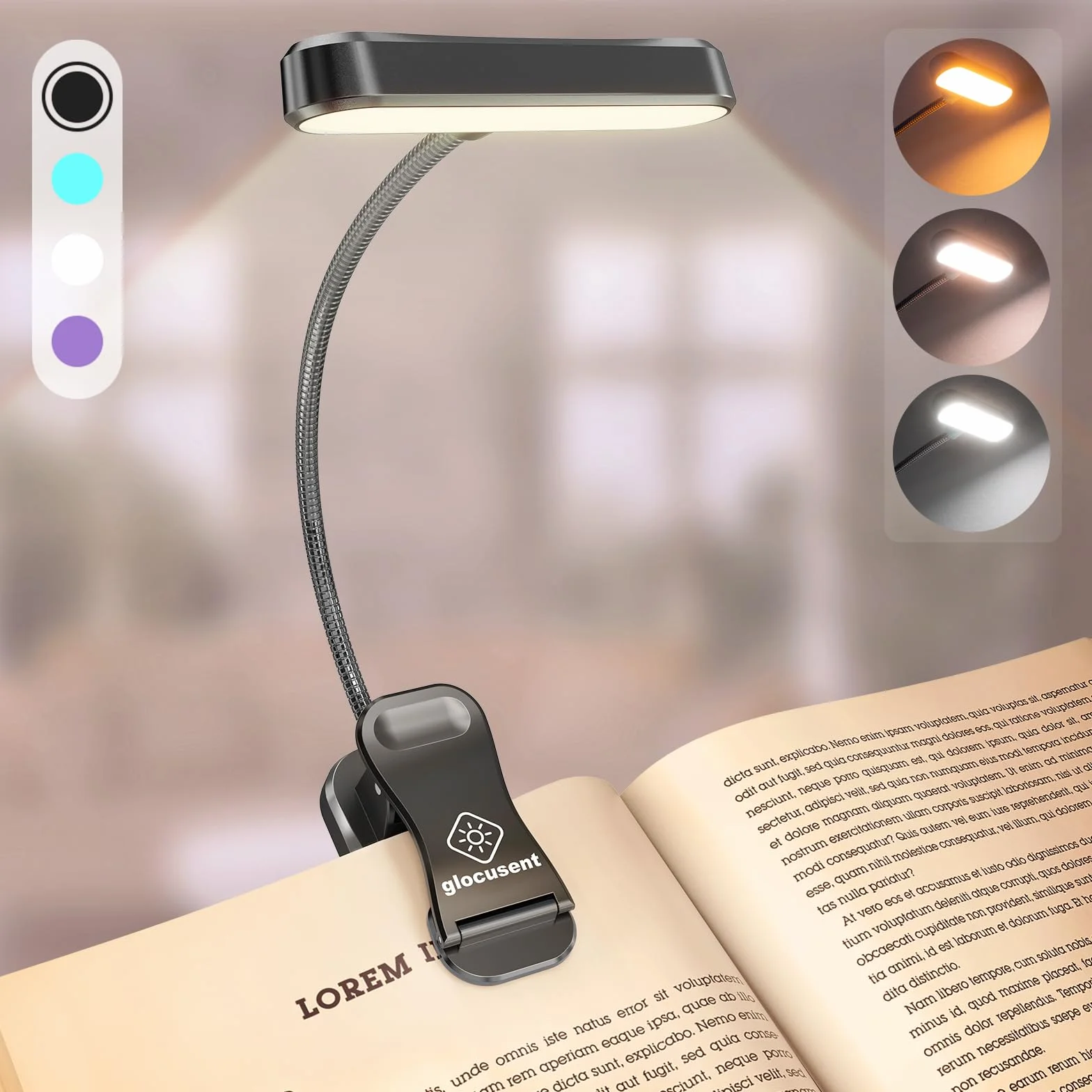 Glocusent pozioma lampka ET-Head do czytania w łóżku, lampka Clip on, 3 kolory i 5 jasności, ładowalna i długotrwała, 1,4Oz tylko lampka do czytania, idealna dla miłośników książek