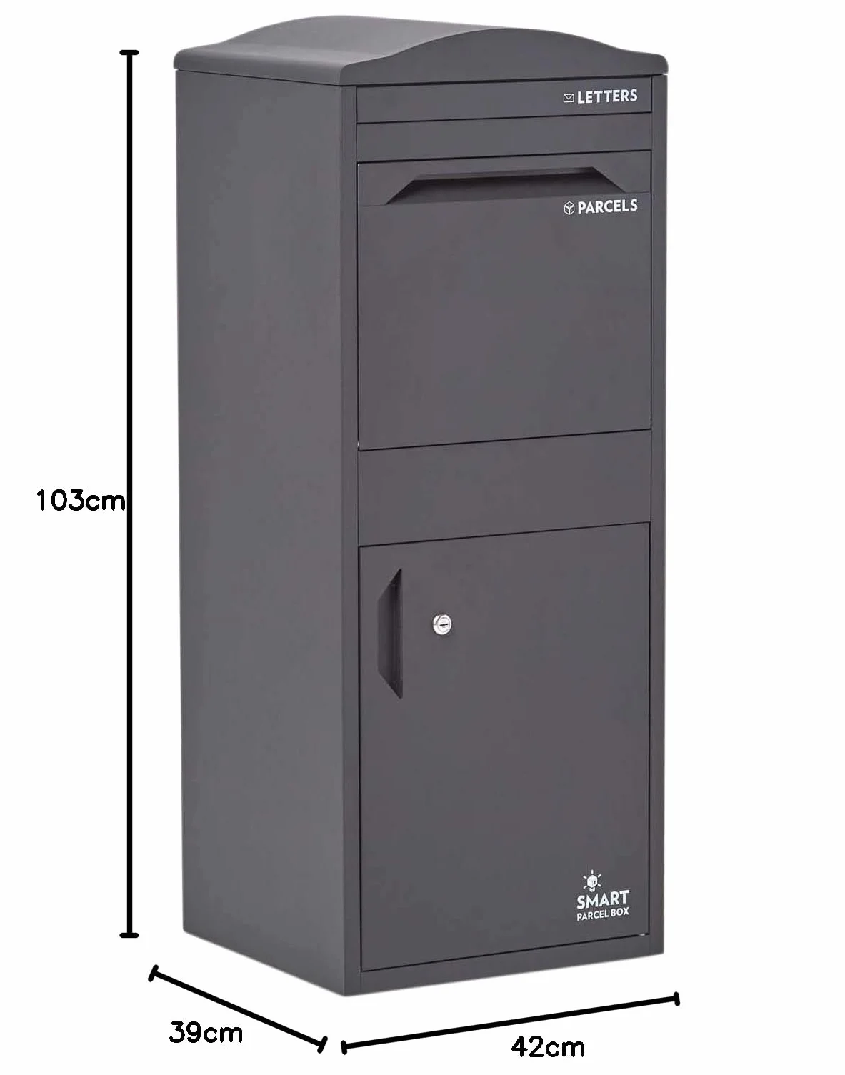 SMART PARCEL BOX Duża skrzynka na paczki na zewnątrz, odporna na warunki atmosferyczne, szara skrzynka dostawcza, zakrzywiona góra, bezpieczny dostęp z przodu, trwała stal ocynkowana, zamykana na