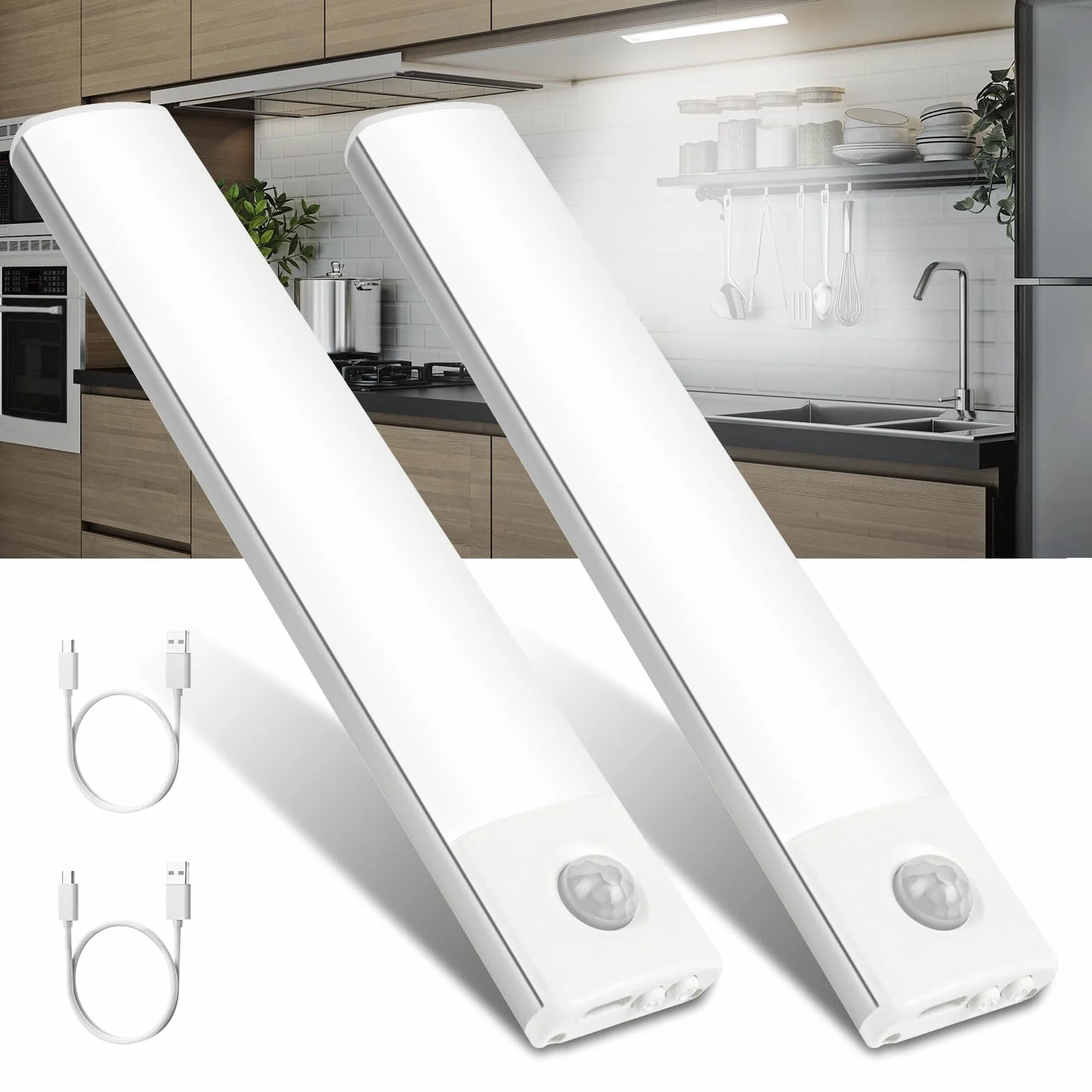 Vicloon Lampy z czujnikiem ruchu, 2 sztuki, oświetlenie kuchenne, oświetlenie podszafkowe, magnetyczne oświetlenie, oświetlenie szafki, 3 kolory, możliwość ściemniania, do szafki, kuchni, schodów,