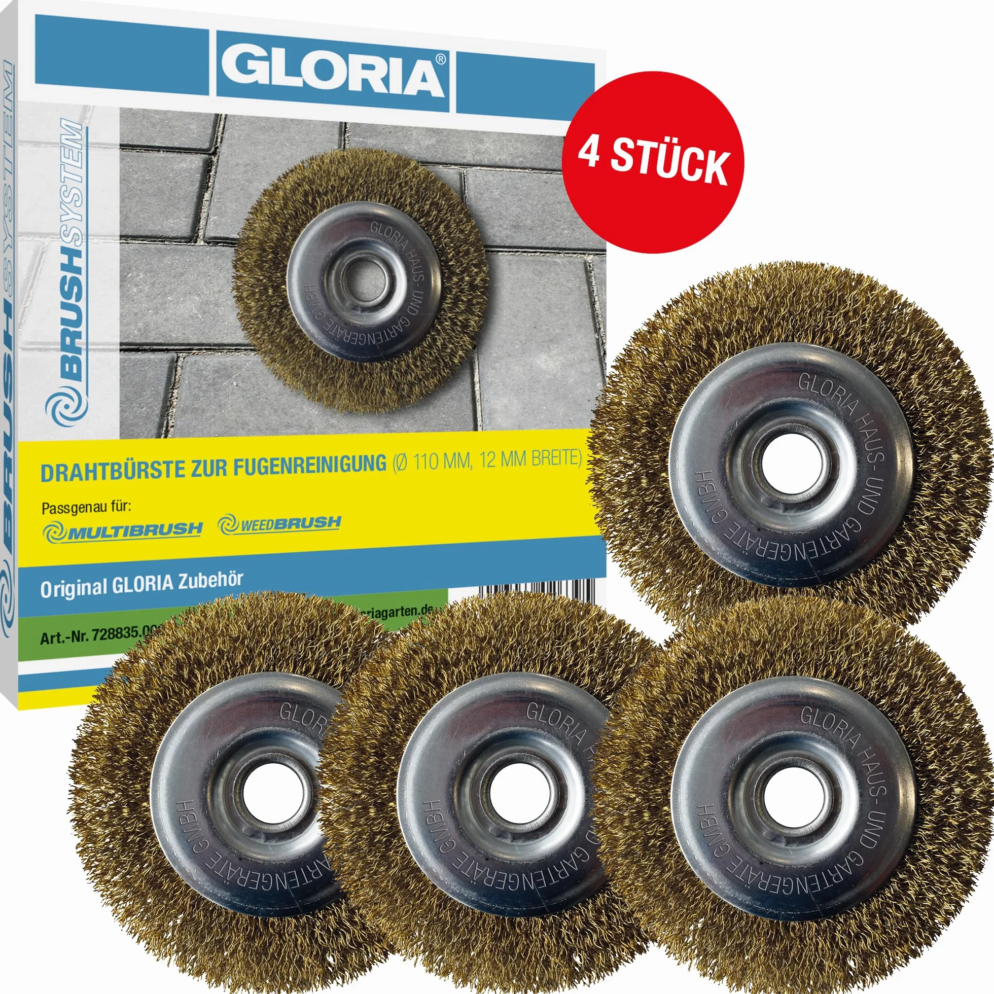 Gloria Szczotka do fug z drutu stalowego, zestaw 4 sztuk, oryginalne akcesoria, szczotki zamienne do MultiBrush i WeedBrush, szczotka druciana/mosiężna szczotka do czyszczenia fug, średnica 11 cm
