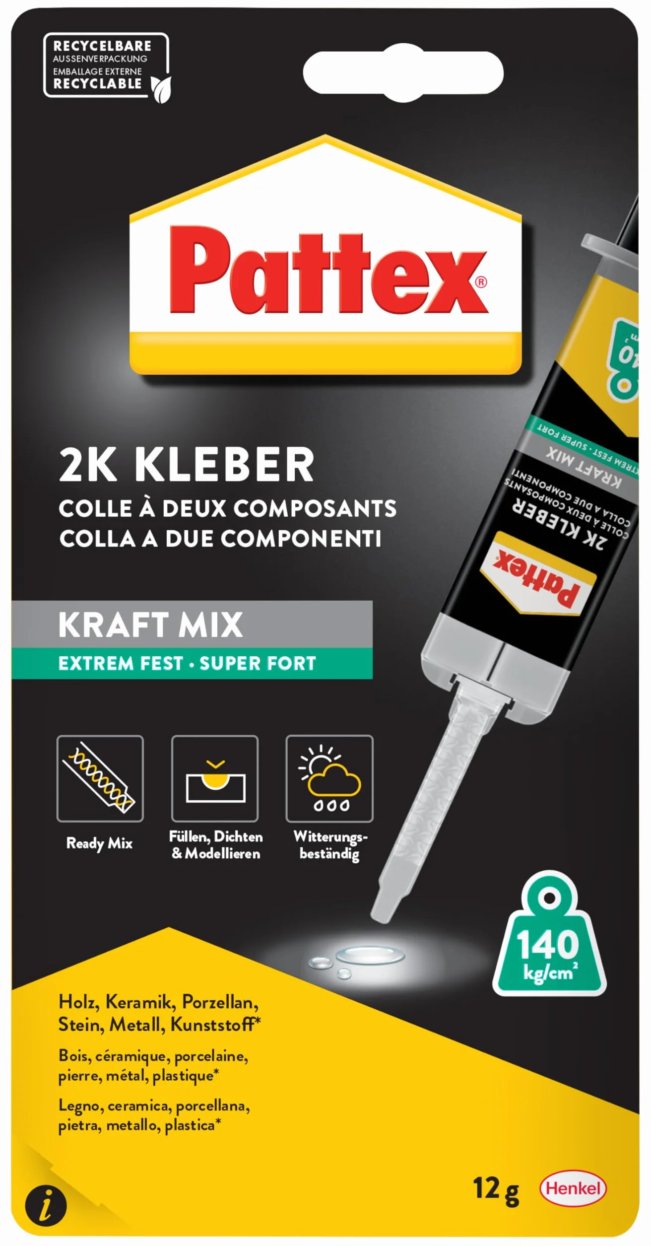 Pattex Kraft-Mix bardzo mocny, bardzo mocny klej z żywicy epoksydowej o wysokiej wytrzymałości końcowej, masa modelarska do prawie każdego materiału, przezroczysta plastelina, 1 x 12 g