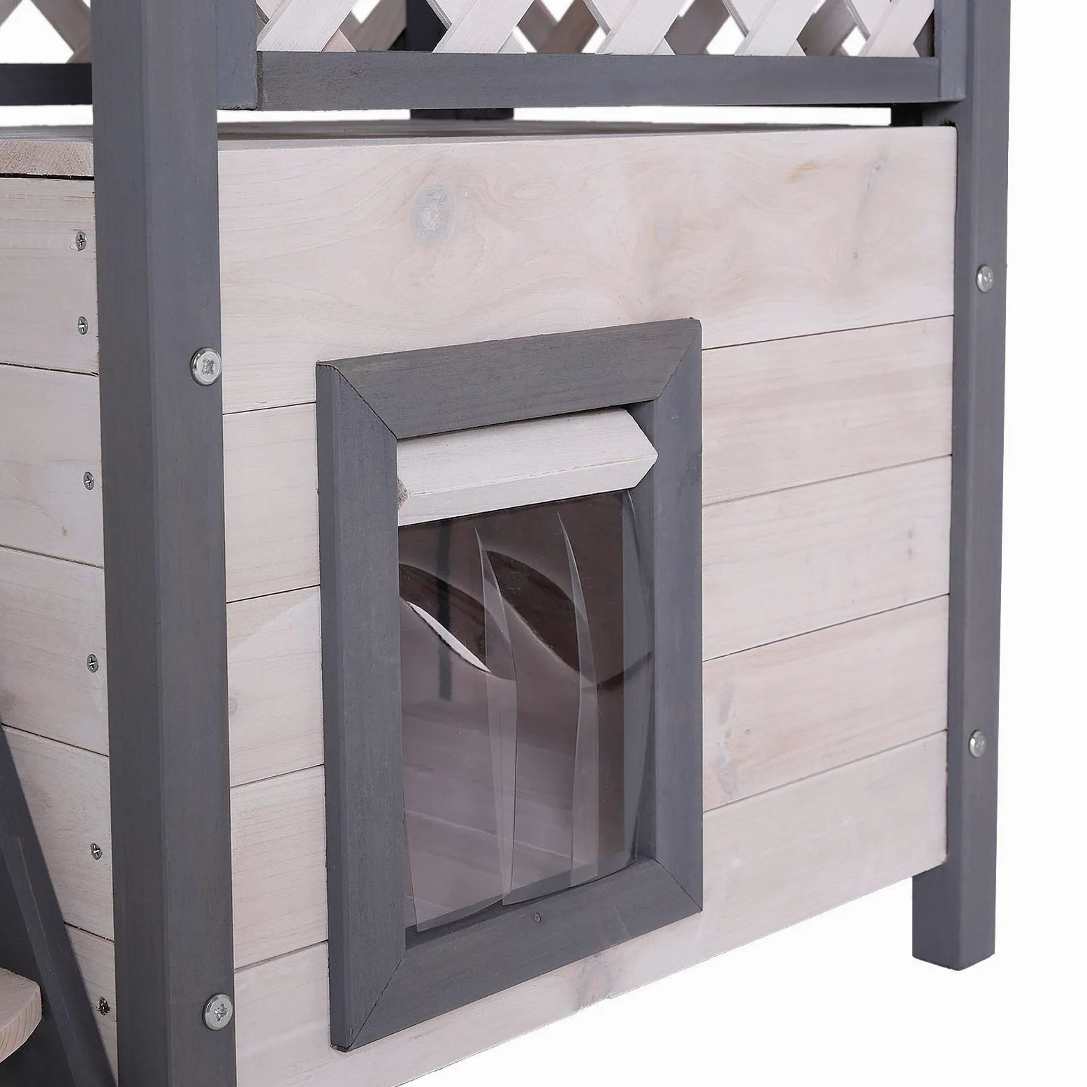Lionto Altana ogrodowa dla kota z drewna 77x50x73 cm, taras, schodki, listwy PVC, szaro-biała