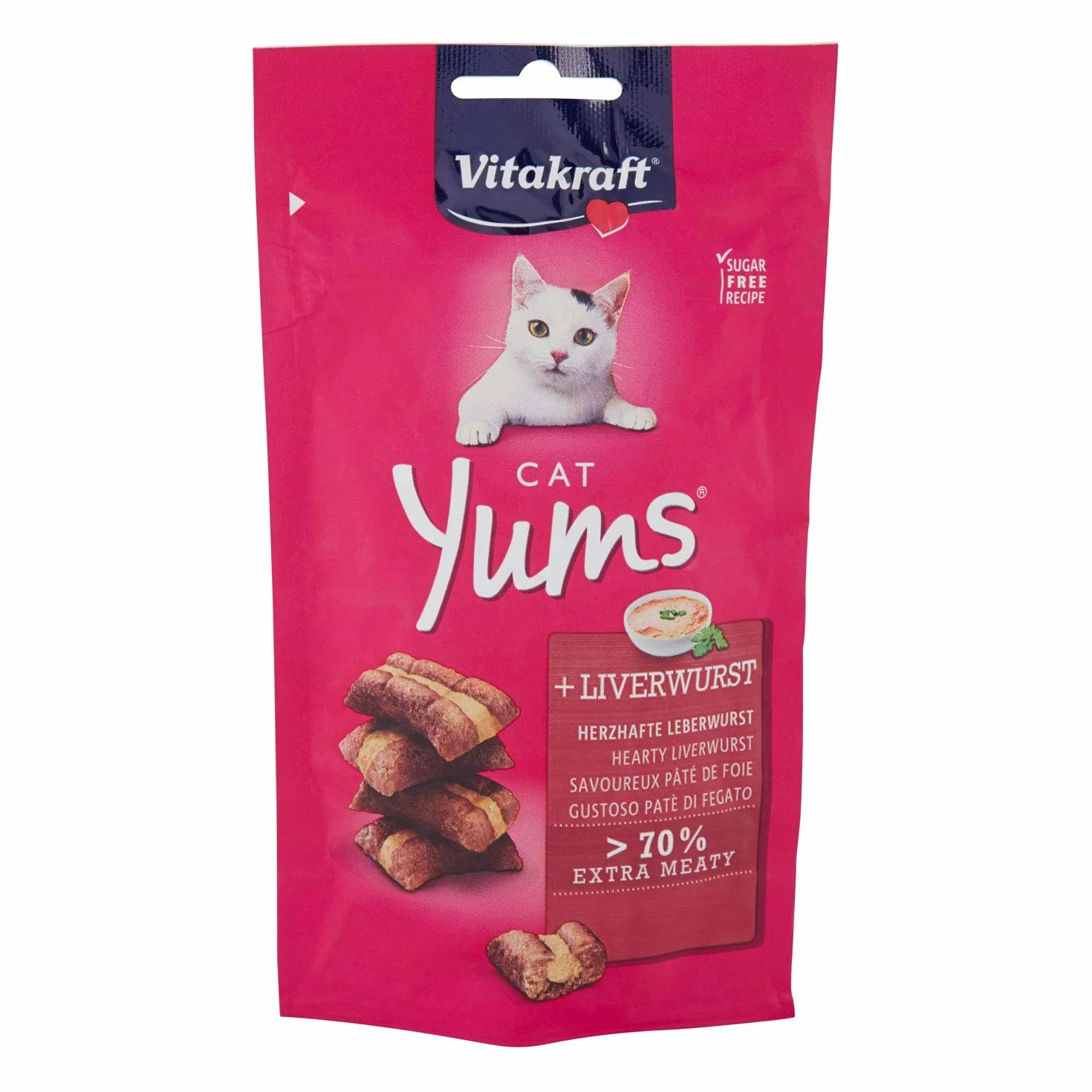 Vitakraft Cat Yums, przekąska dla kota z serdeczną kiełbasą wątrobową, ekstra mięsista, z widocznym wypełnieniem, w zamykanym woreczku, bez dodatku cukru i zbóż (1 x 40 g)