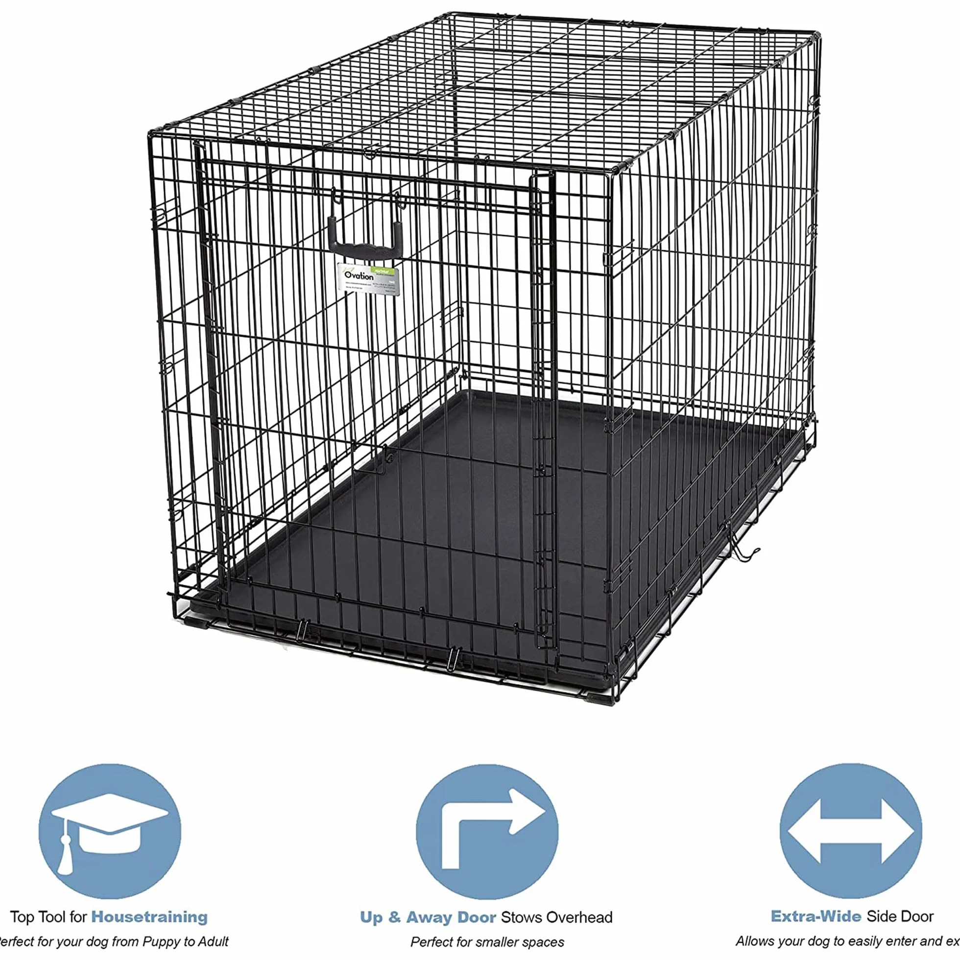 MidWest Homes for Pets Large Ovation Single Door Folding Dog Crate, 42-Inches, Space-Saving Patented Up & Away Door, Leak-Proof Pan, Divider Panel, Black