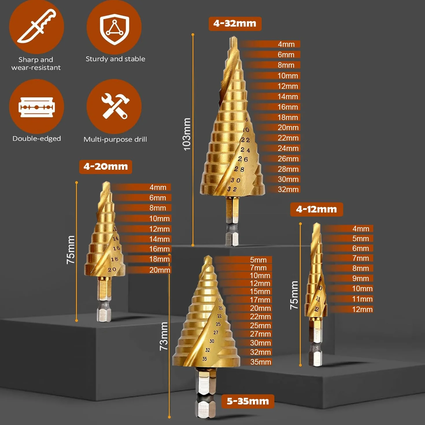 Aohoo Zestaw Wierteł Stopniowych 4 sztuki Ø 4-32mm 4-20mm 4-12mm 5-35mm Stal Nierdzewna