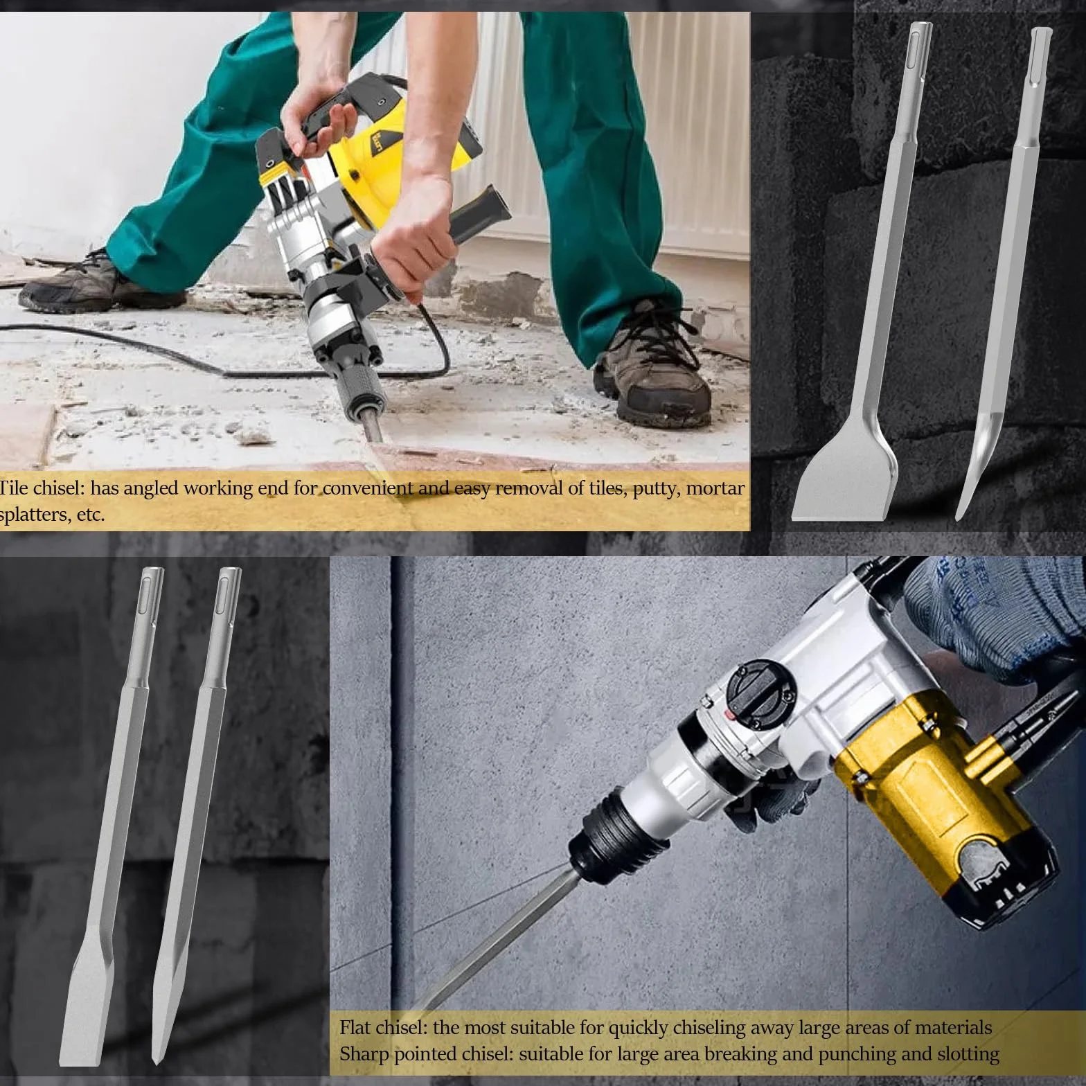 ROELLY Zestaw Dłut Udarowych, Zestaw 4 Szt. 250 mm, Zestaw Dłut (Zawiera 1x Dłuto Płaskie, 1x Dłuto do Płytek, 1x Dłuto do Cięcia Płytek, 1x Dłuto Szpiczaste), do Płytek Ceramicznych, Betonu