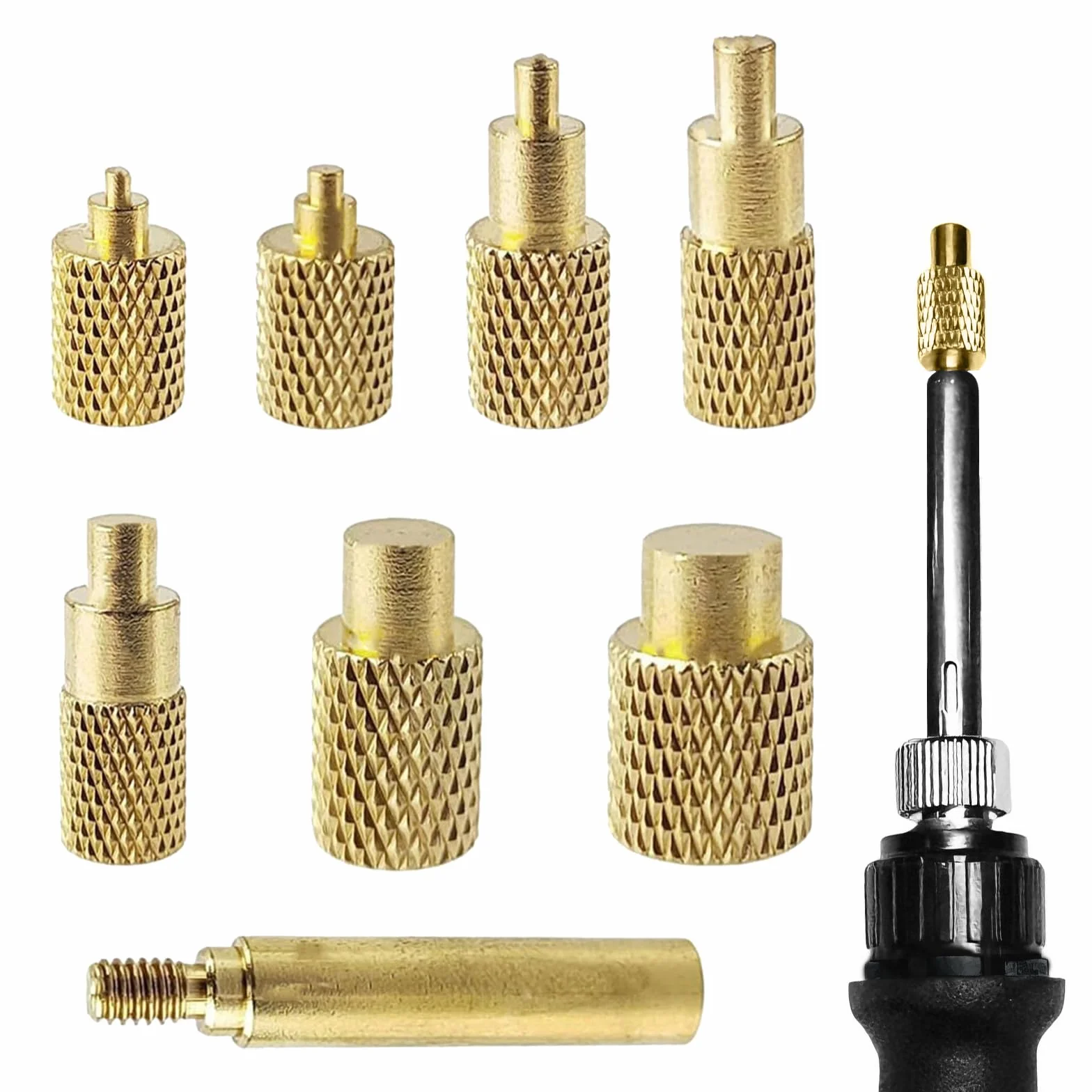Zestaw 7 grotów lutowniczych do wkładów gwintowanych + adapter pasujący do lutownicy 936/900M/T18 – rozmiary M2-M8 do druku 3D PLA/PETG/ABS