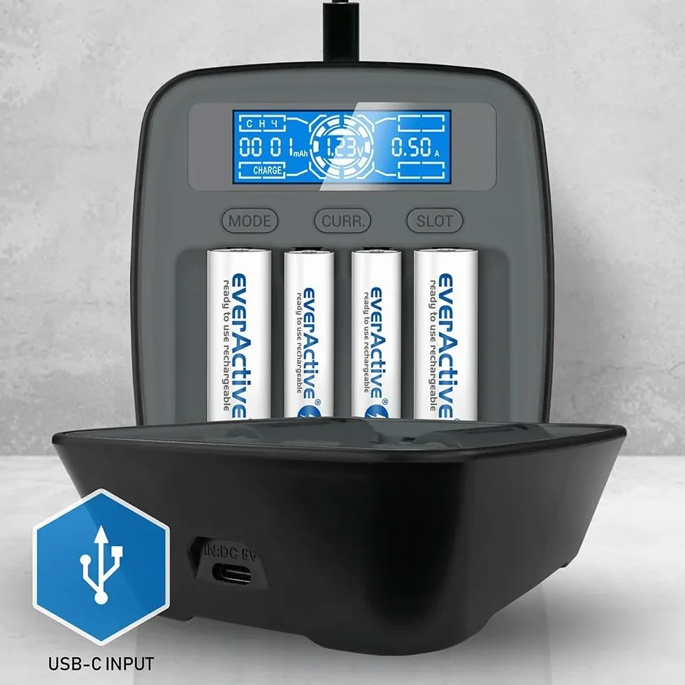 Inteligentna ładowarka do akumulatorów AAA/AA Ni-MH/Ni-Cd, LCD, USB-C, 4 sloty, tryby ładowania/rozładowania/testowania