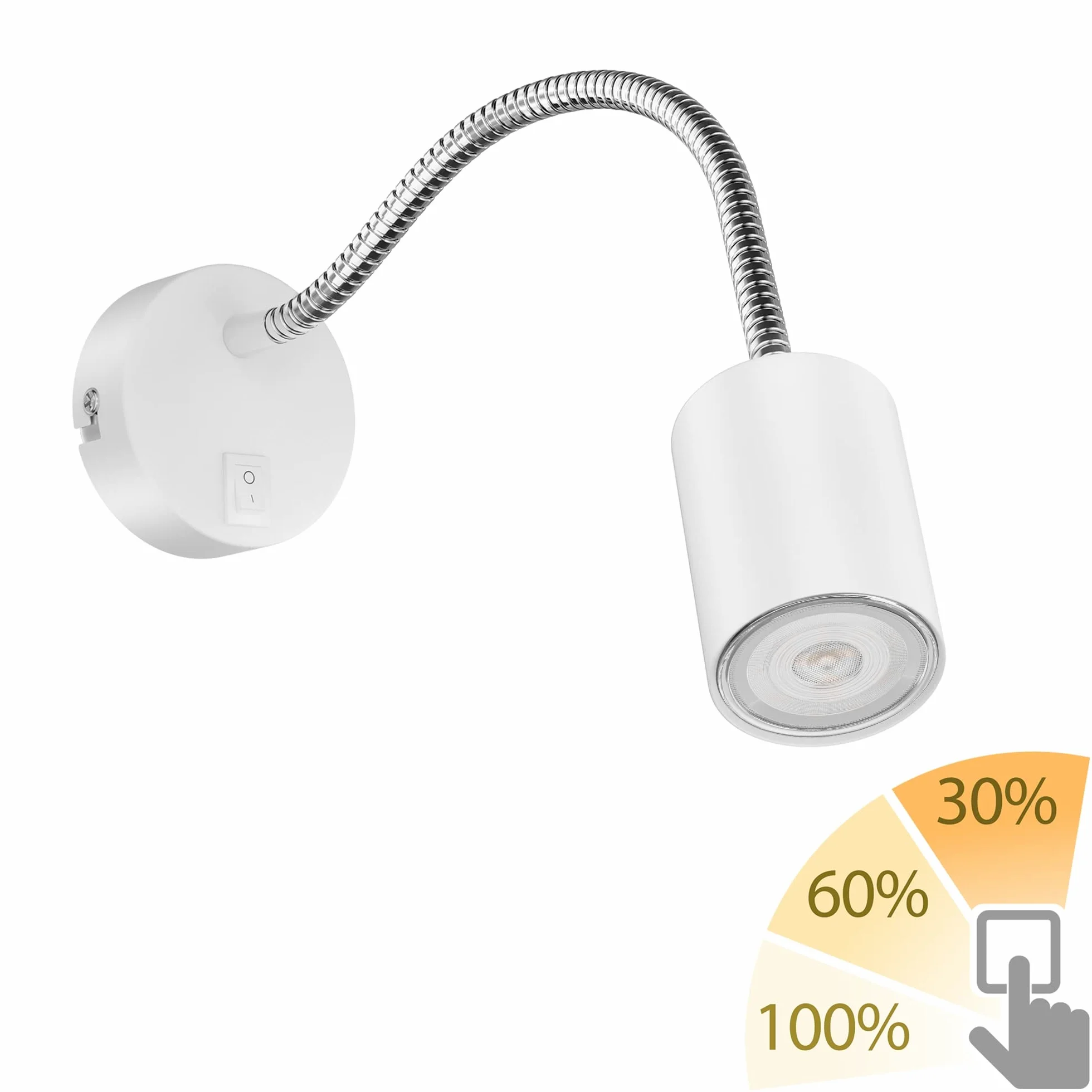 ledscom.de Lampa do czytania WAIKA z gęsią szyjką i przełącznikiem biały mat, w zestawie GU10 LED, PAR16, ciepła biel, 6,05W, 374lm, 70°, 3-stopniowy ściemniacz