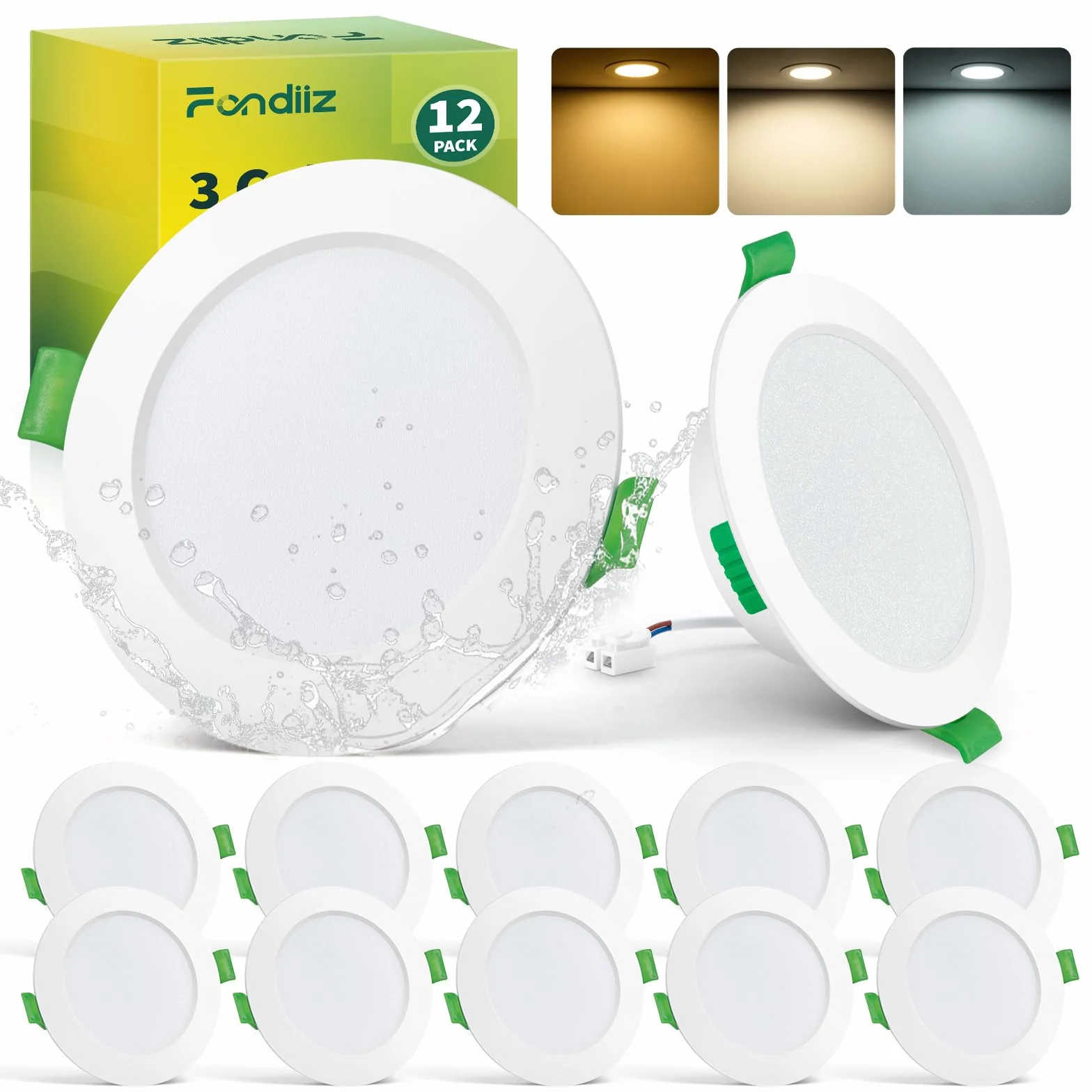 Fondiiz 12-pakiet świateł sufitowych LED, 5W światła punktowe 3CCT ciepła biel 2700K naturalna biel 4000K chłodna biel 6000K regulowana, wycięcie 68mm, LED światła sufitowe wpuszczane IP44 do łazienki