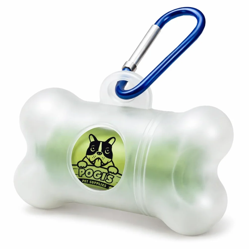 Pogi's Dog Poo Bag Holder – dozownik z metalowym karabińczykiem na smycze, zawiera 15 bezzapachowych torebek