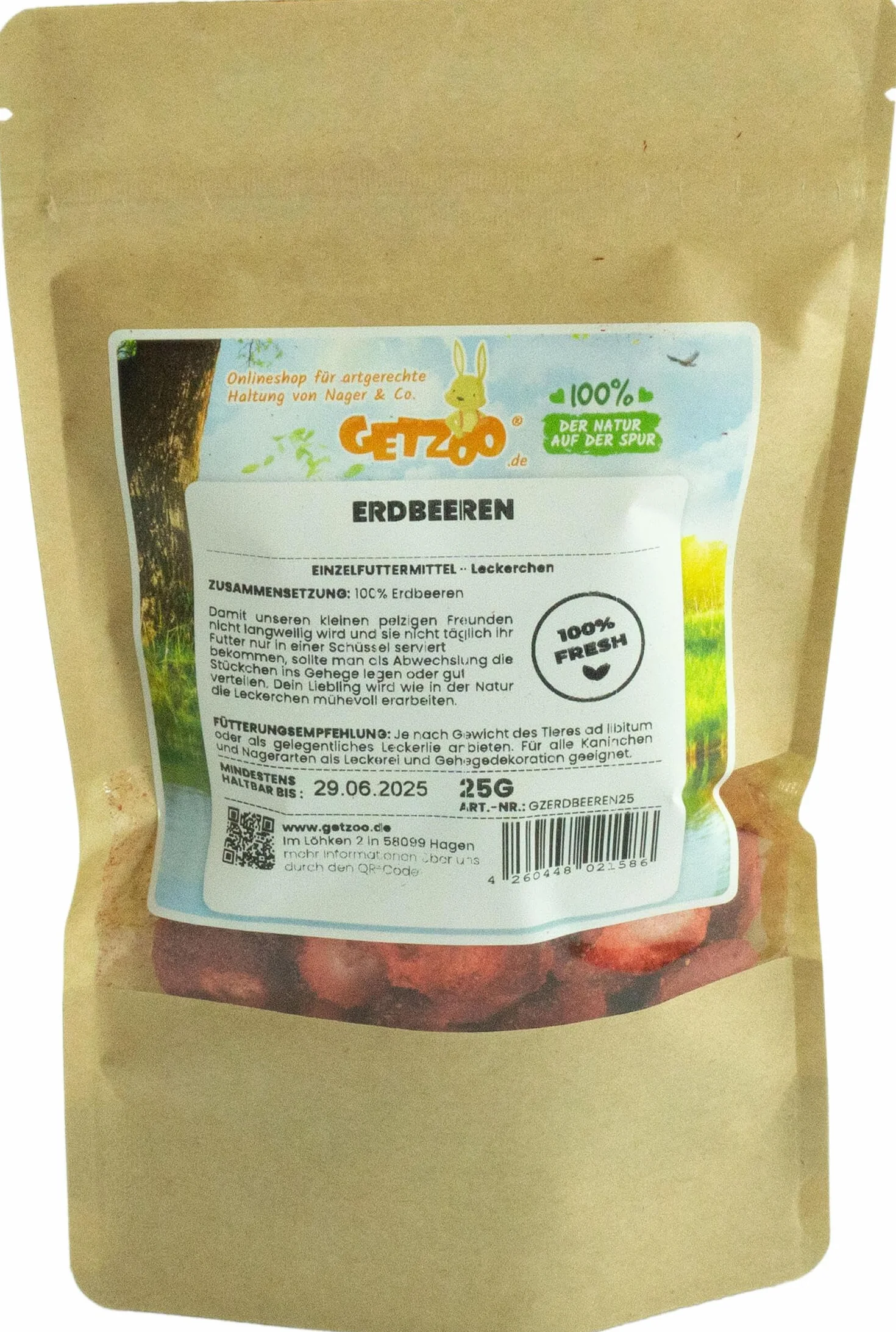 Getzoo Truskawki 25 g – delikatnie suszone, duże kawałki, naturalne przekąski dla gryzoni, bogate w witaminy smakołyki dla chomików, myszy i małych zwierząt