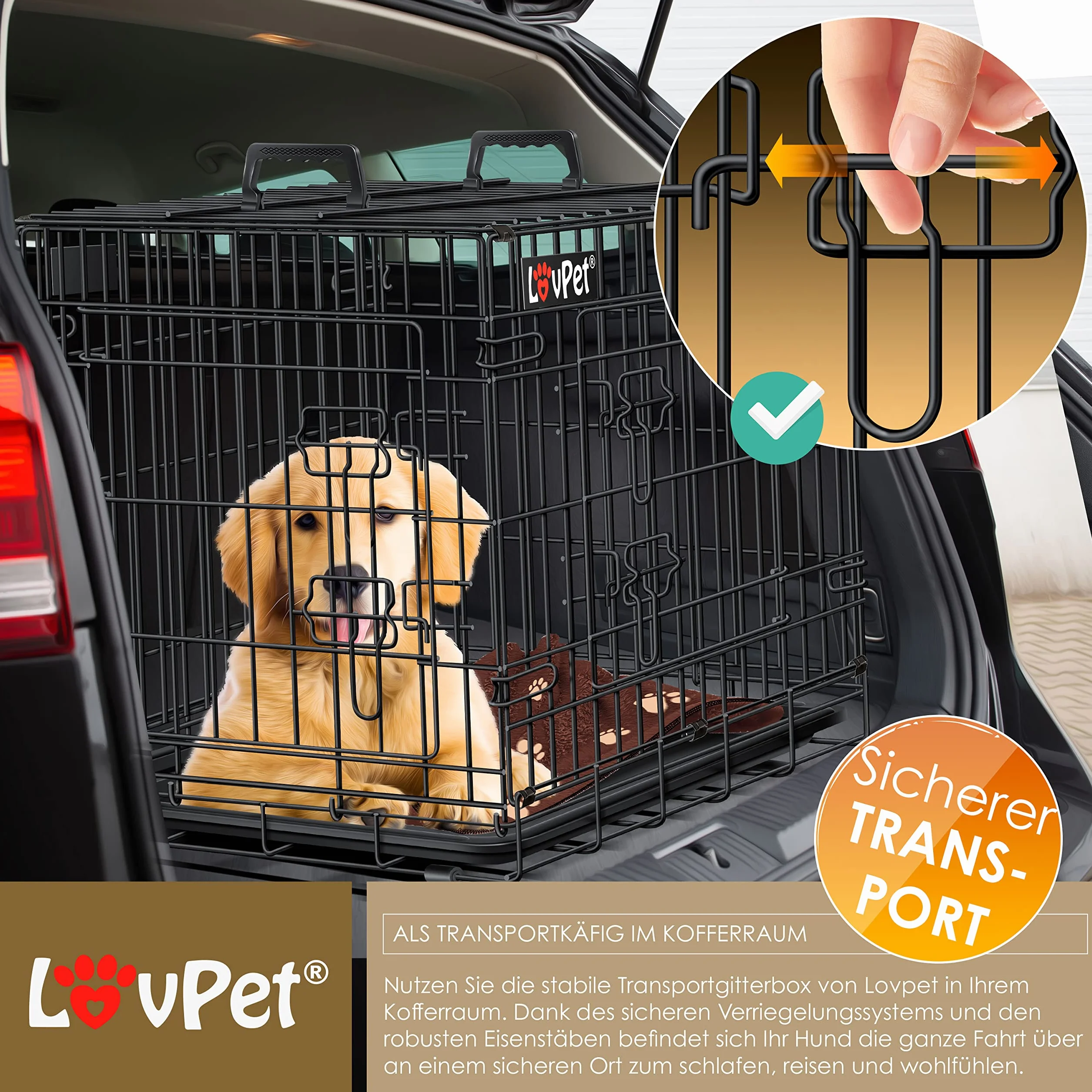 Lovpet® Składana klatka dla psów z polarowym kocem + miską dla psa z 2 drzwiami, skrzynia transportowa do samochodu, transporter zwierząt z misą dna, 77,5 x 48,5 x 55,5 cm, rozmiar M, czarna