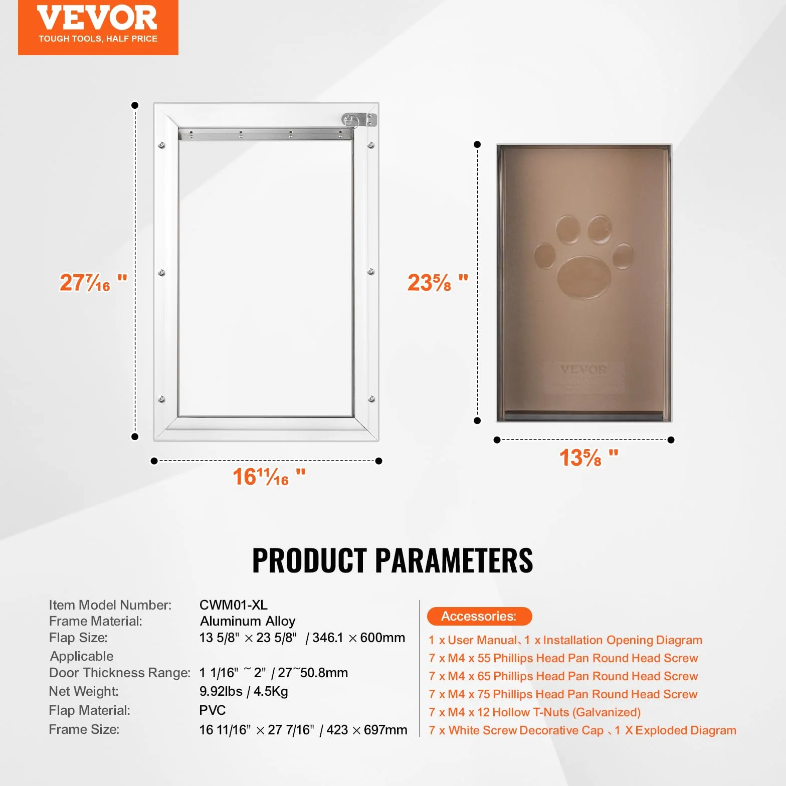 VEVOR Drzwi dla zwierząt domowych, aluminiowa rama 423 x 697 mm z systemem blokady drzwi, odporne na warunki atmosferyczne drzwi dla zwierząt domowych dla kotów, pieska, biały rozmiar XL