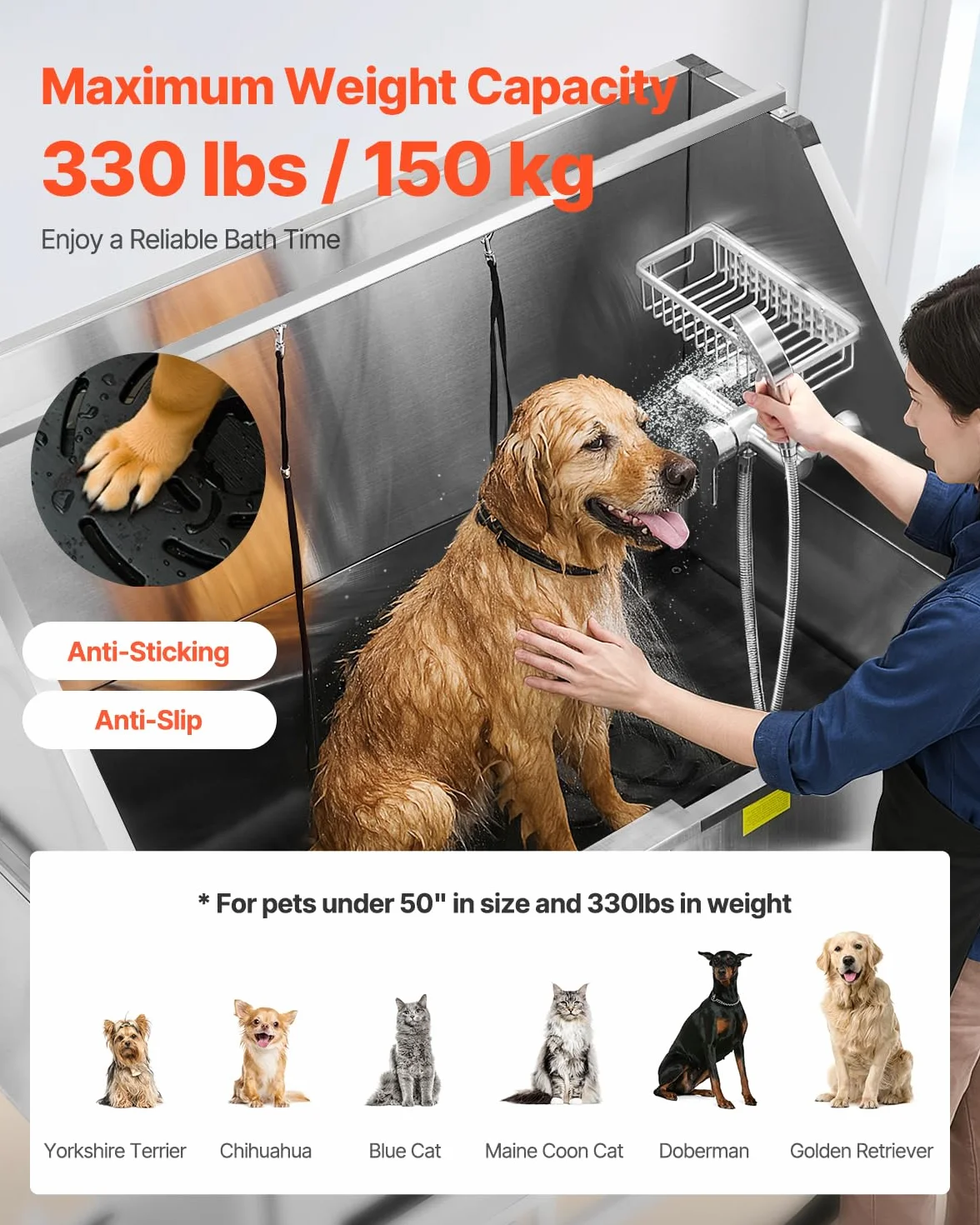 VEVOR Elektryczna stacja do mycia psów, wanna do pielęgnacji zwierząt ze stali nierdzewnej 127 cm panel filtra wody, dla wielu zwierząt domowych, drzwi prawe