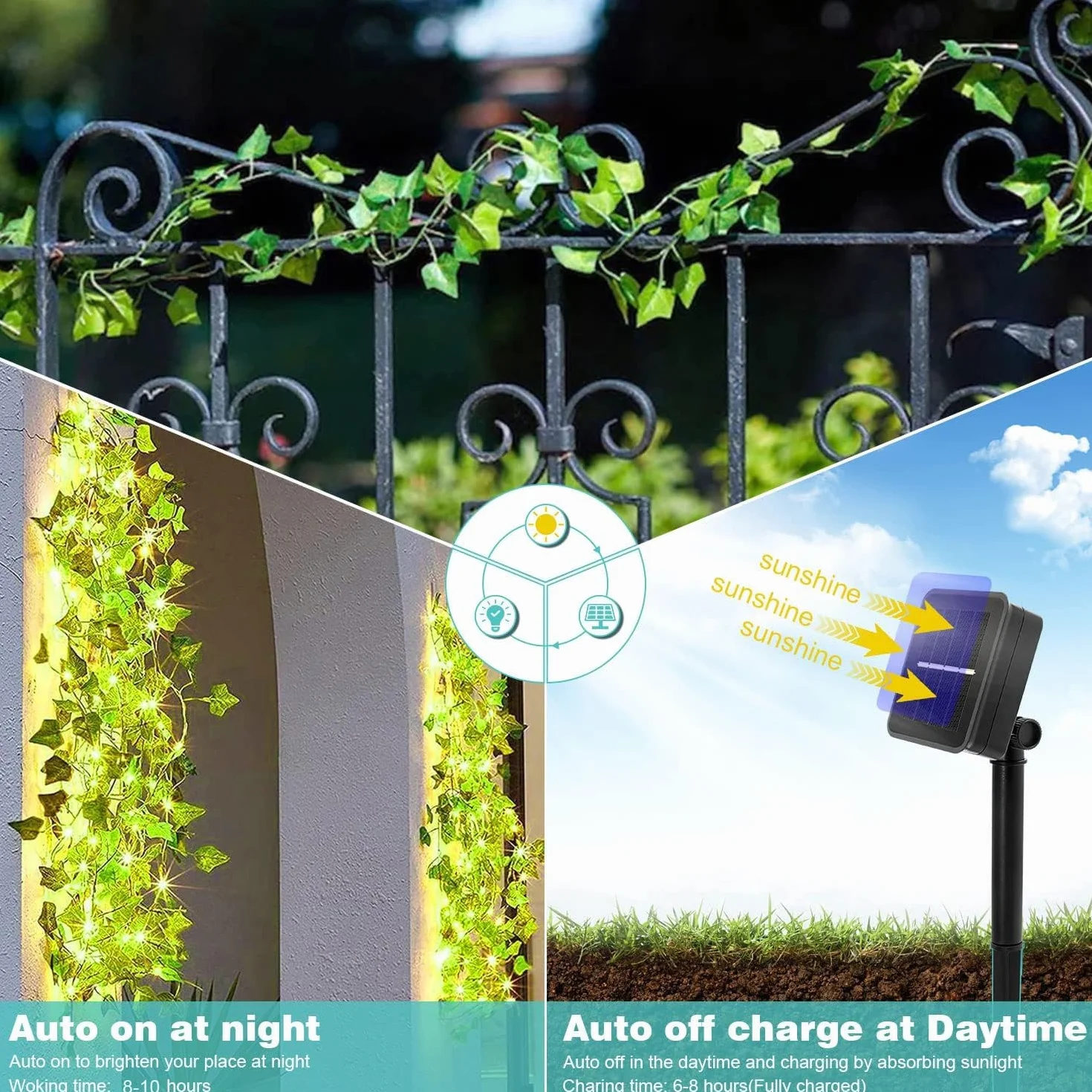 Solarna girlanda świetlna na zewnątrz, 6 m, solarna girlanda świetlna, 60 diod LED, 8 trybów dekoracji, do ogrodu, na taras, balkon, na imprezę