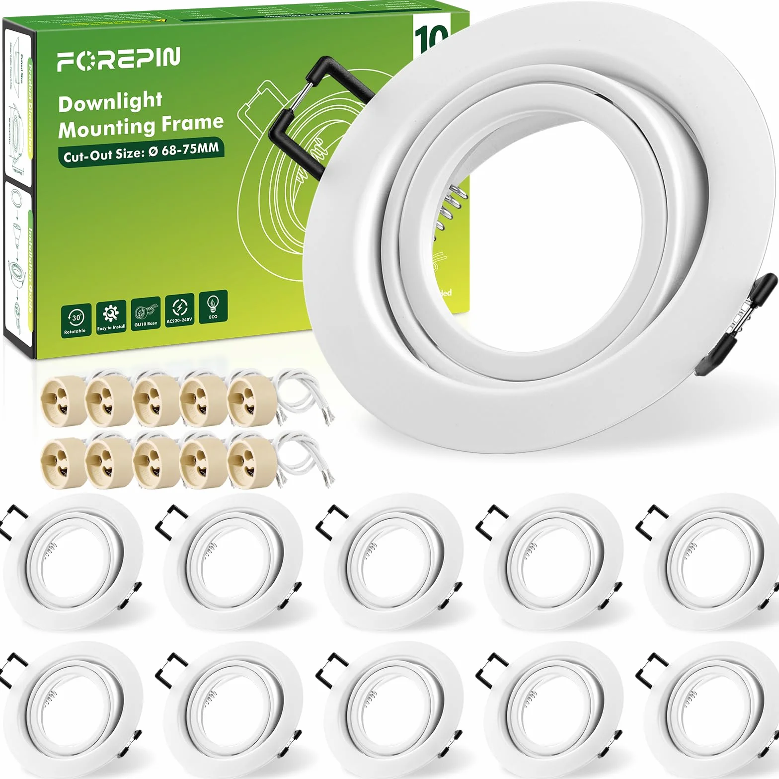 Oprawa punktowa LED GU10, wychylna o 30°, okrągła oprawka punktowa, w zestawie GU10 do lamp LED lub halogenowych, otwór montażowy Ø68-75 mm, zestaw 10 sztuk
