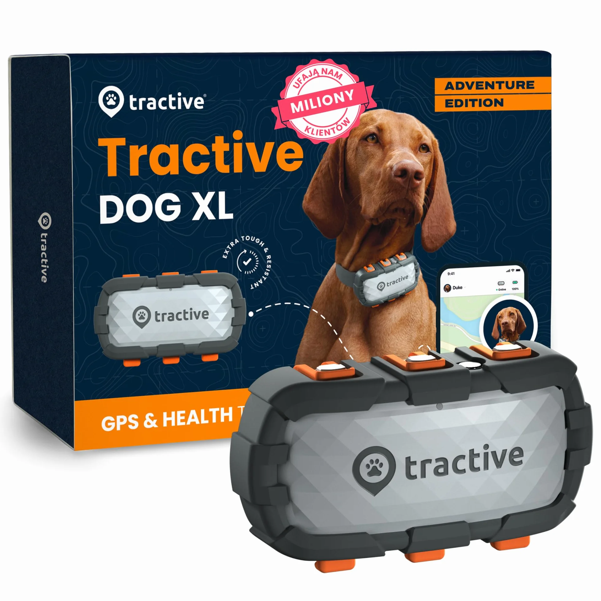 Tractive GPS XL Adventure — Lokalizator dla psa, Obudowa z włókna szklanego odporna na ugryzienia, Do miesiąca działania baterii, Śledzenie pozycji w czasie rzeczywistym na całym świecie