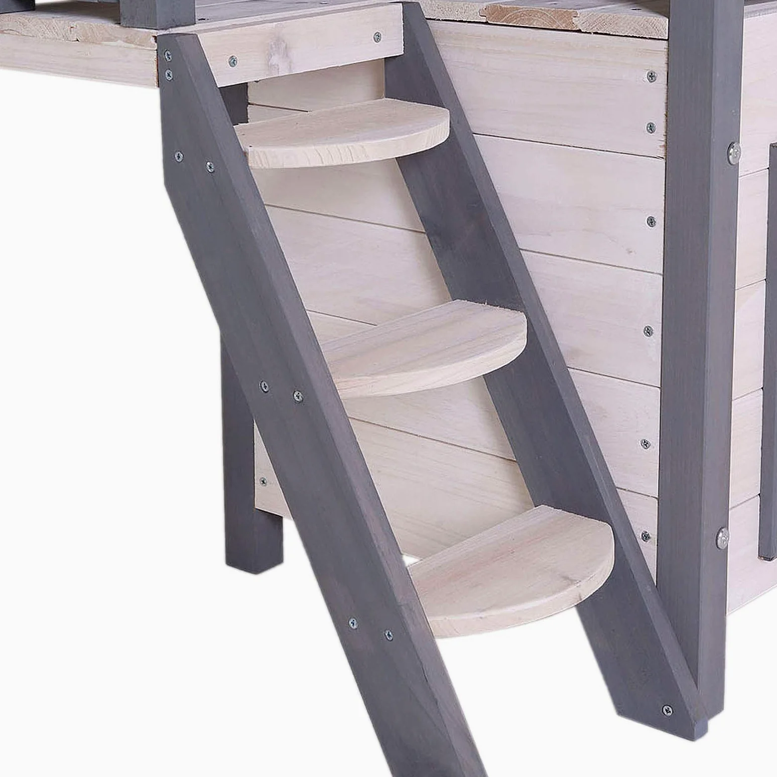 Lionto Altana ogrodowa dla kota z drewna 77x50x73 cm, taras, schodki, listwy PVC, szaro-biała
