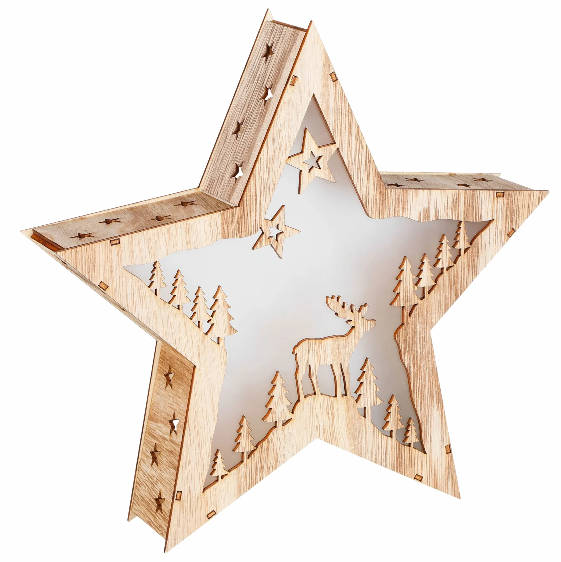 Dekoracyjna gwiazda LED z drewna, 30 cm, renifer, dekoracyjny stojak, ciepła biel, podświetlany, na Boże Narodzenie, adwent, zima, gwiazda, dekoracja stołu, oświetlenie na baterie