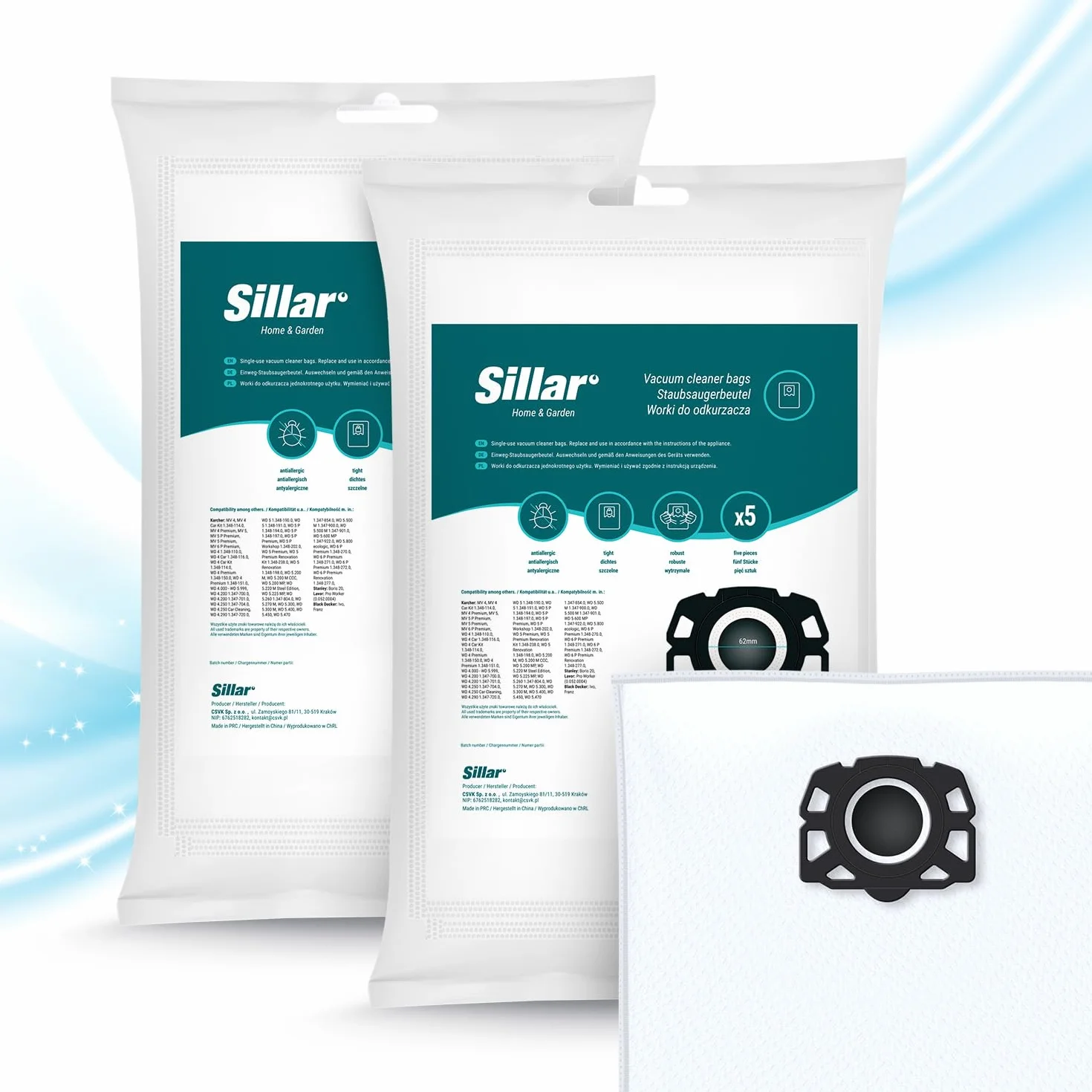 Sillar 10 worków do odkurzacza Kärcher 2.863-006.0 WD4 WD5 WD6 WD5P WD6P MV4 MV5 MV6 | Worki filtrujące KFI 487 z włókniny do odkurzaczy na sucho i mokro