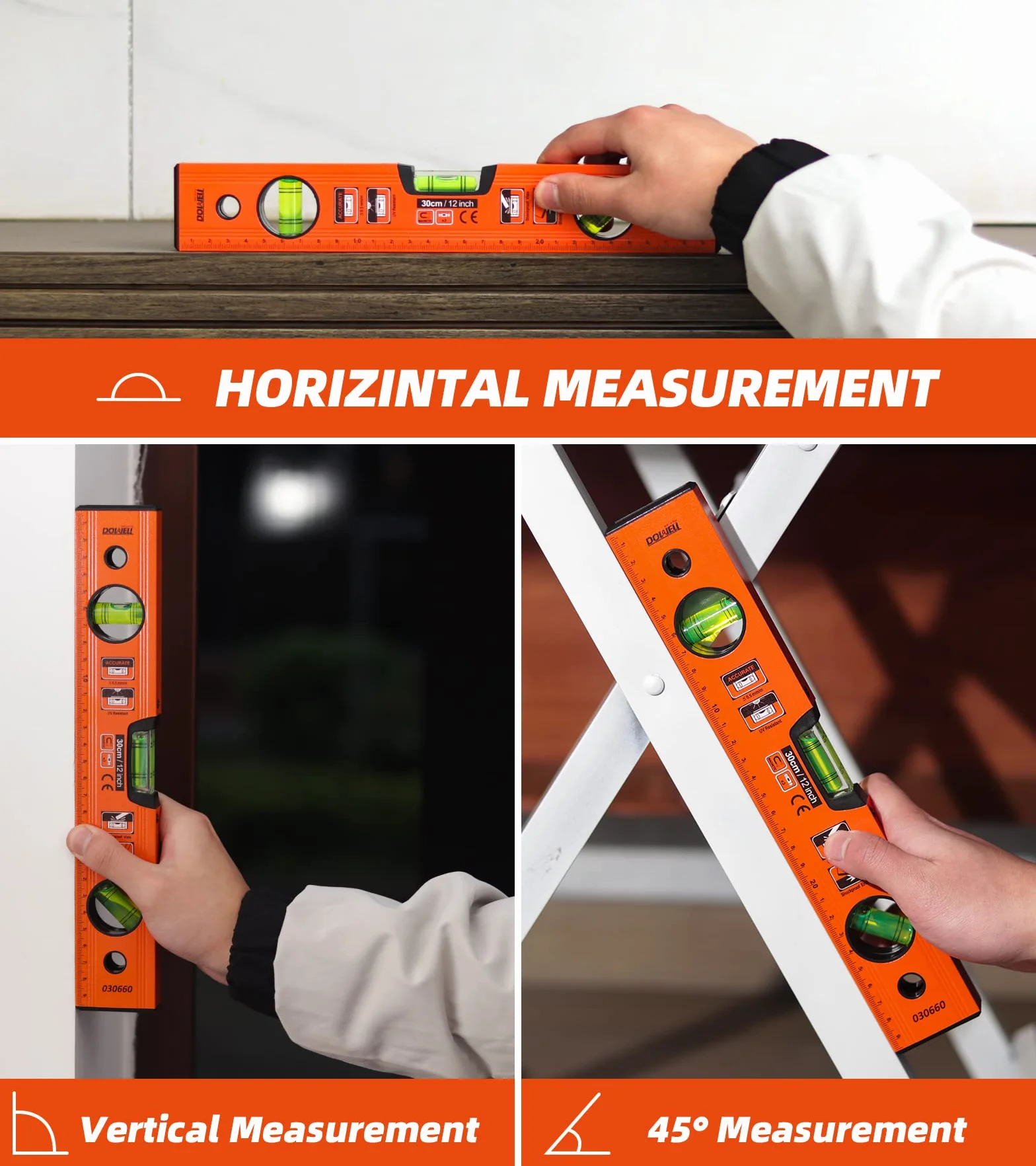 DOWELL 12 calowy/300 mm magnetyczny poziom spirytusowy ze skalą metryczną, 3 różne bąbelki-45°/90°/180°
