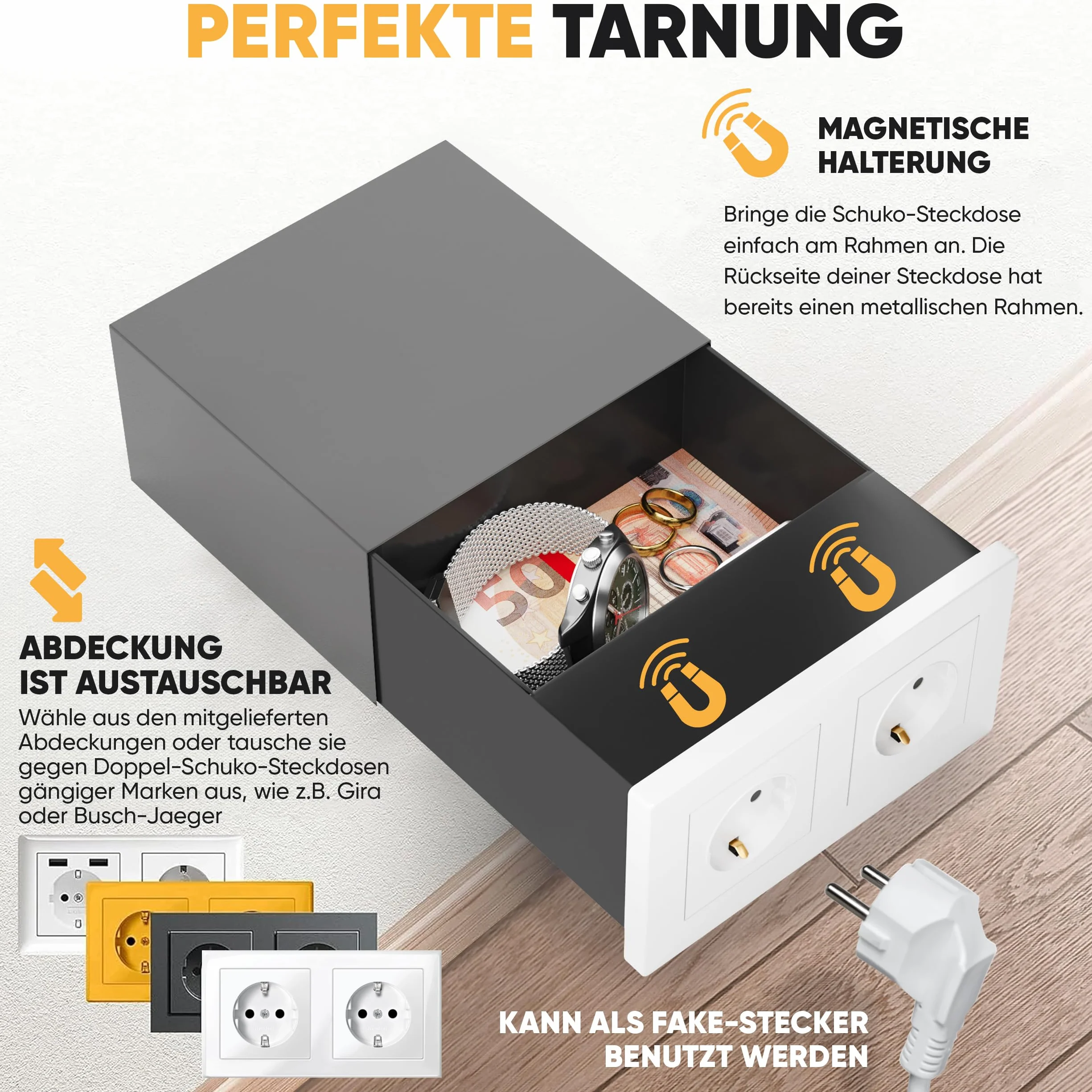 Sejf ścienny z podwójnym gniazdkiem Schuko, mini sejf do gniazdka, z kluczami, tajny schowek