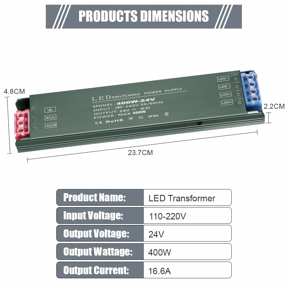 AXFEE Transformator 220v do 24v, 400W Sterownik LED Stałe Napięcie, napęd światła Transformator Źródło, Ultra Thin 220V do 24V Power supply (wejście: 100-240V, wyjście: DC 24V 6.25A)