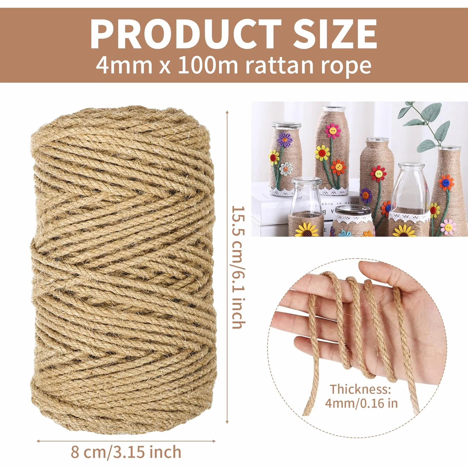 sznurek sizalowy na drapaki, 100 m x 4 mm, odporny na rozerwanie, naturalny sznurek jutowy, sznurek pakowy, sznurek ogrodowy do robótek ręcznych DIY, sznurek do drapak, dekoracja domu i ogrodu