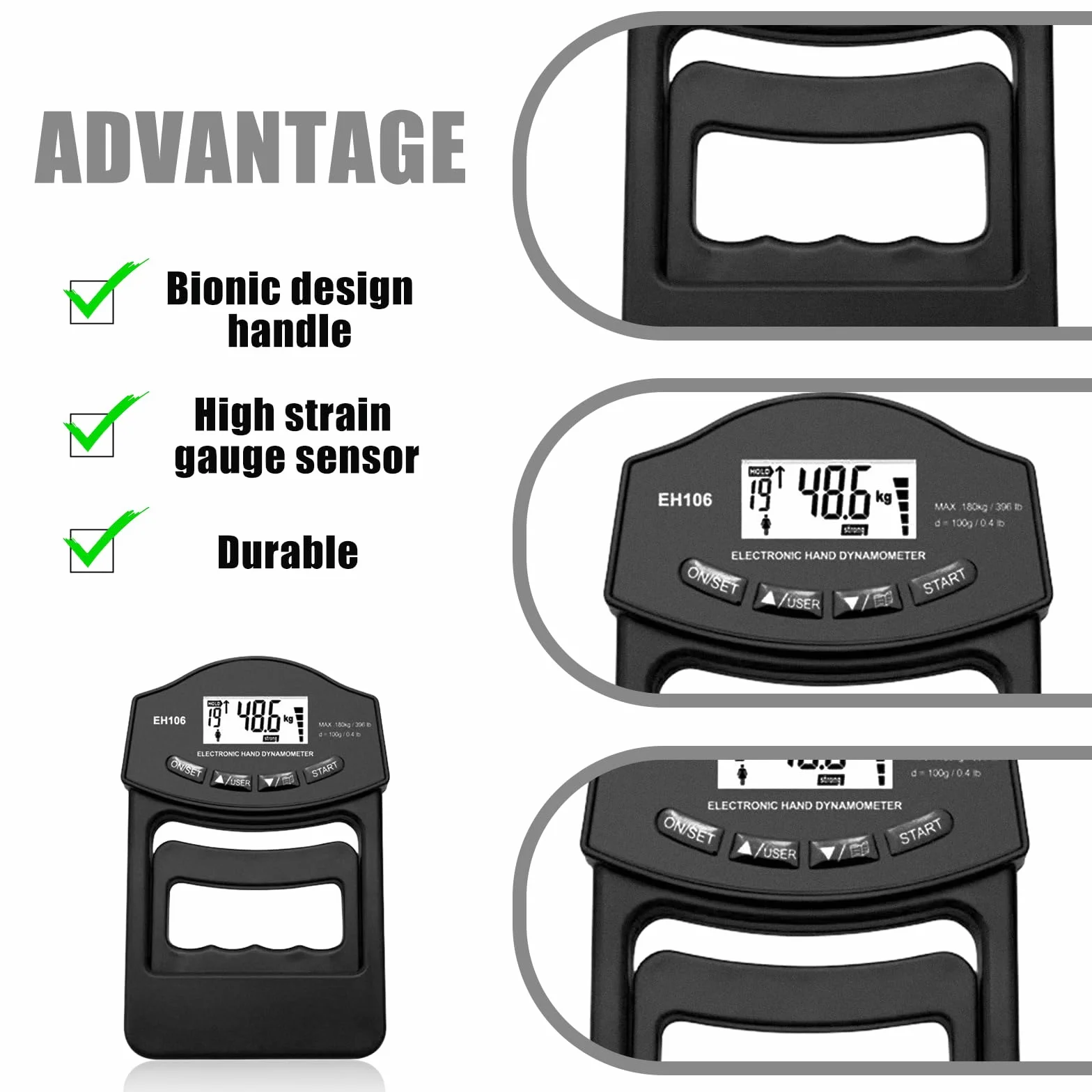 Cyfrowy miernik siły ręcznej 180 kg dynamometr z kablem USB duży ekran LED