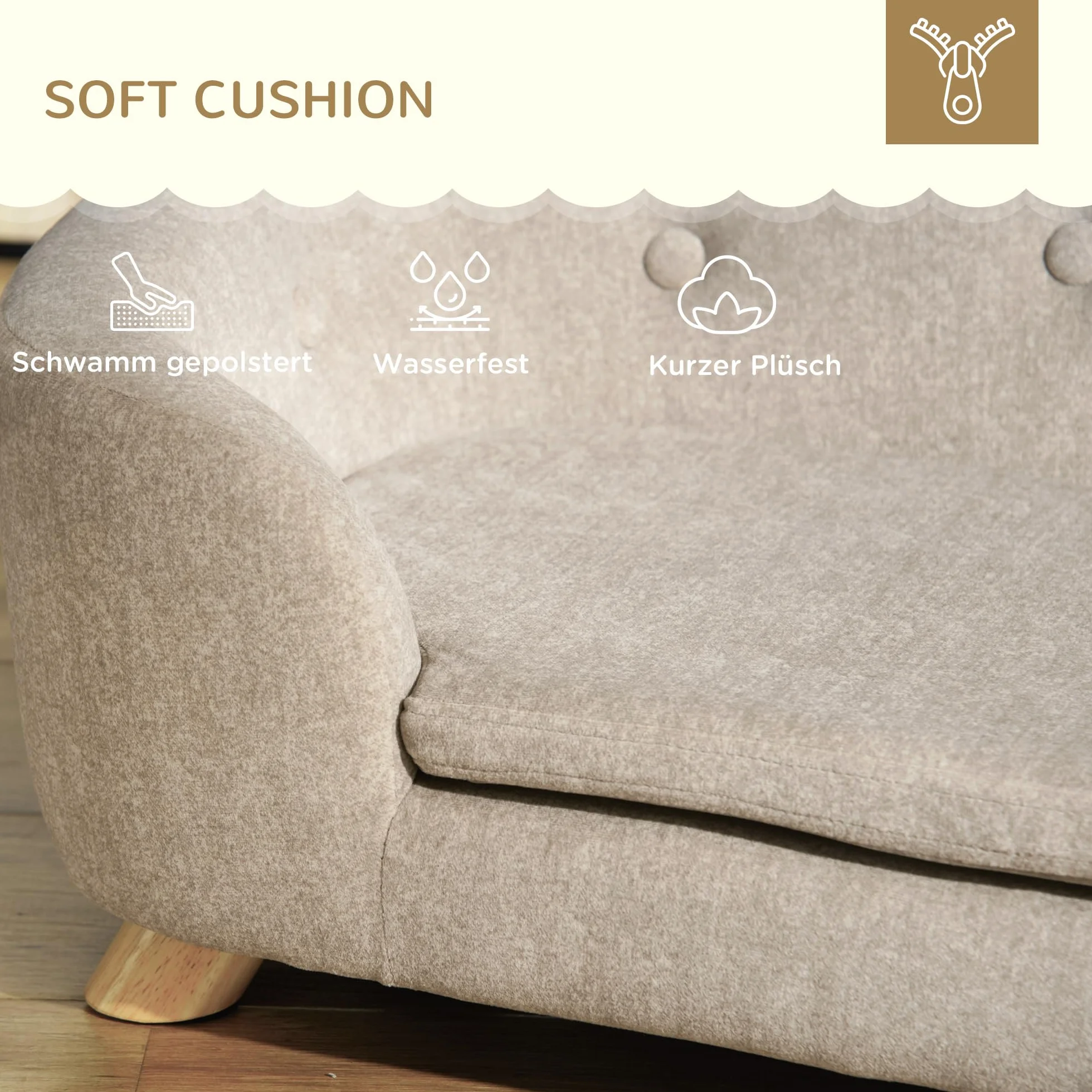 PawHut Sofa dla psa legowisko kanapa z poduszką plusz pianka drewno sosnowe beżowy jasnoszary 70x47x30 cm