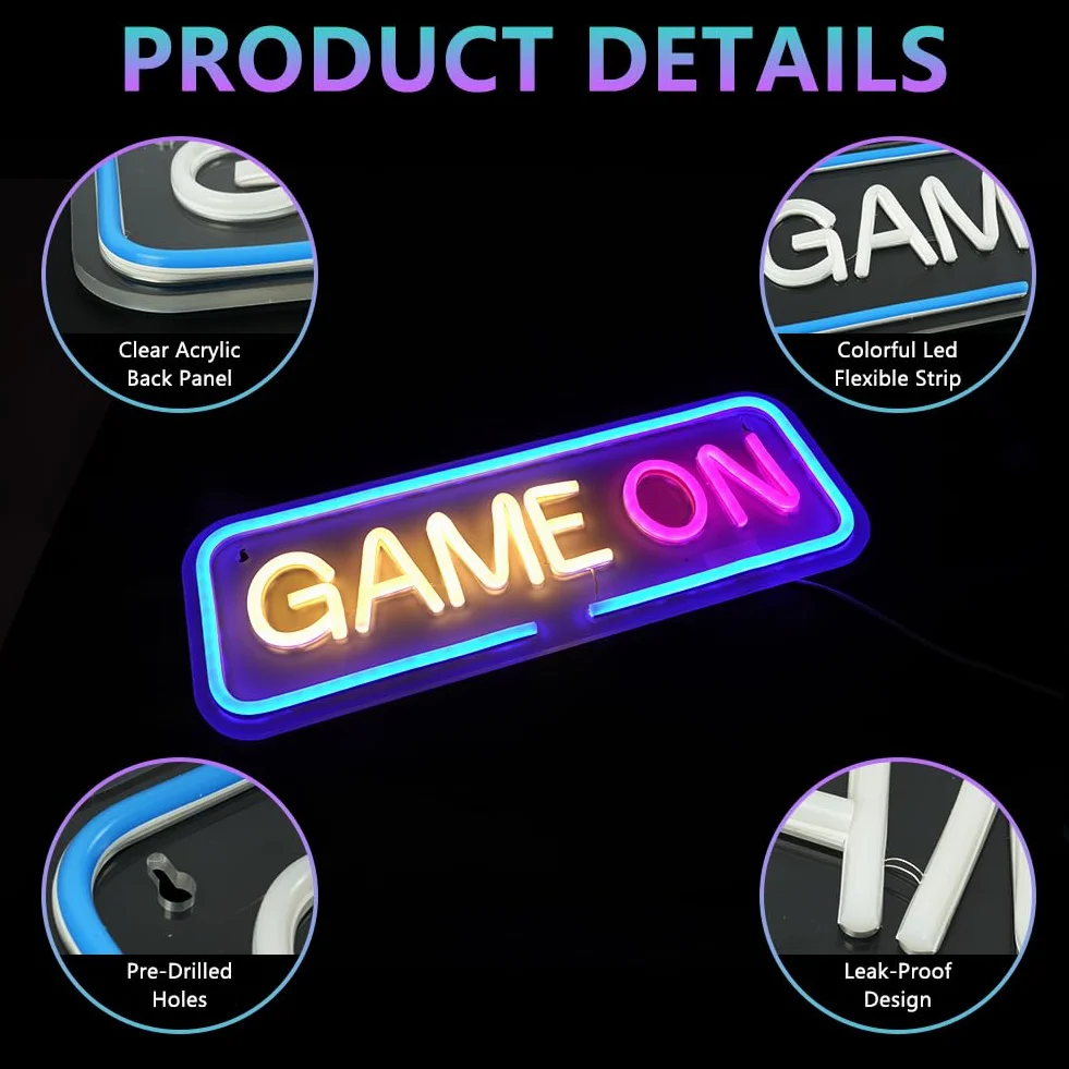 Neonowe światło LED GAME ON, szyld USB do gry, dekoracja ścienna