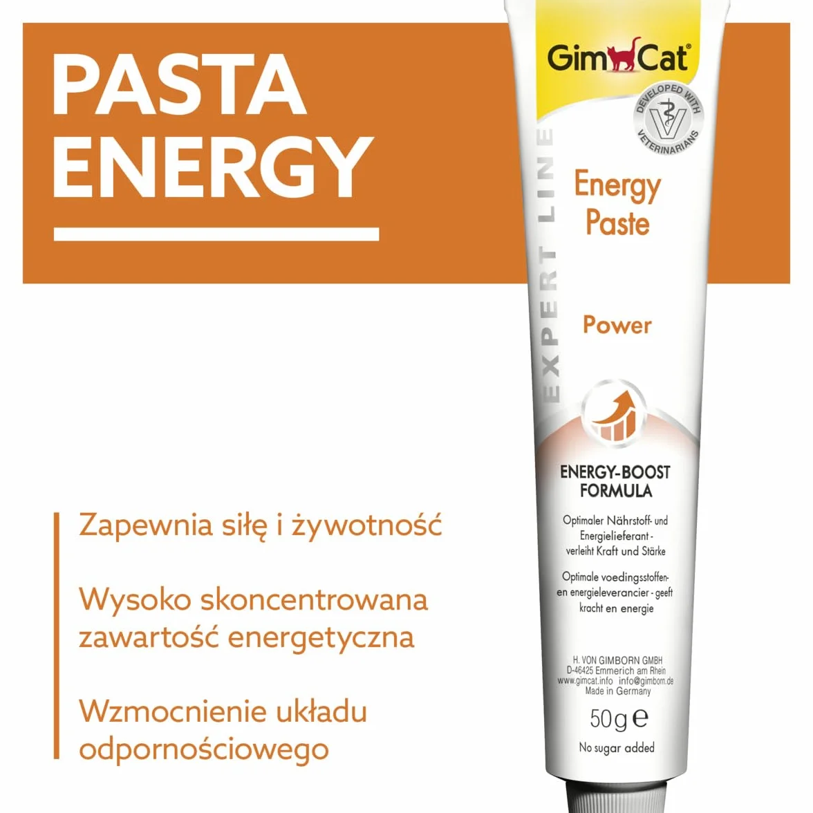 GimCat EXPERT LINE Energy pasta - Funkcjonalny przysmak dla kotów, który dostarcza energię i składniki odżywcze - 1 tubka (1 x 50 g)