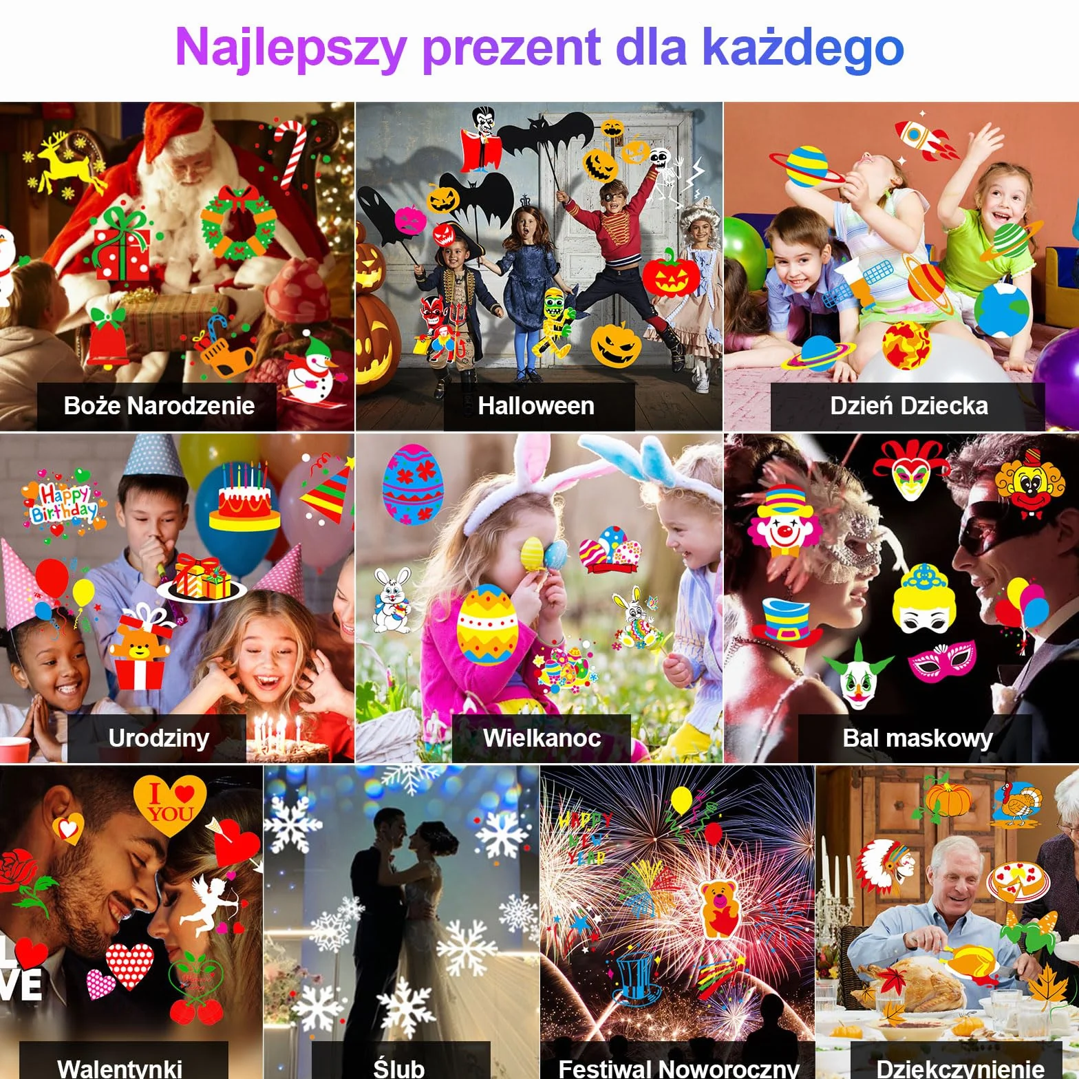 Projektor bożonarodzeniowy na Halloween, Boże Narodzenie, do użytku na zewnątrz, do użytku wewnątrz i na zewnątrz, lampa projekcyjna LED, IP44, lampa projektorowa, 12 folii, 96 wzorów, 10