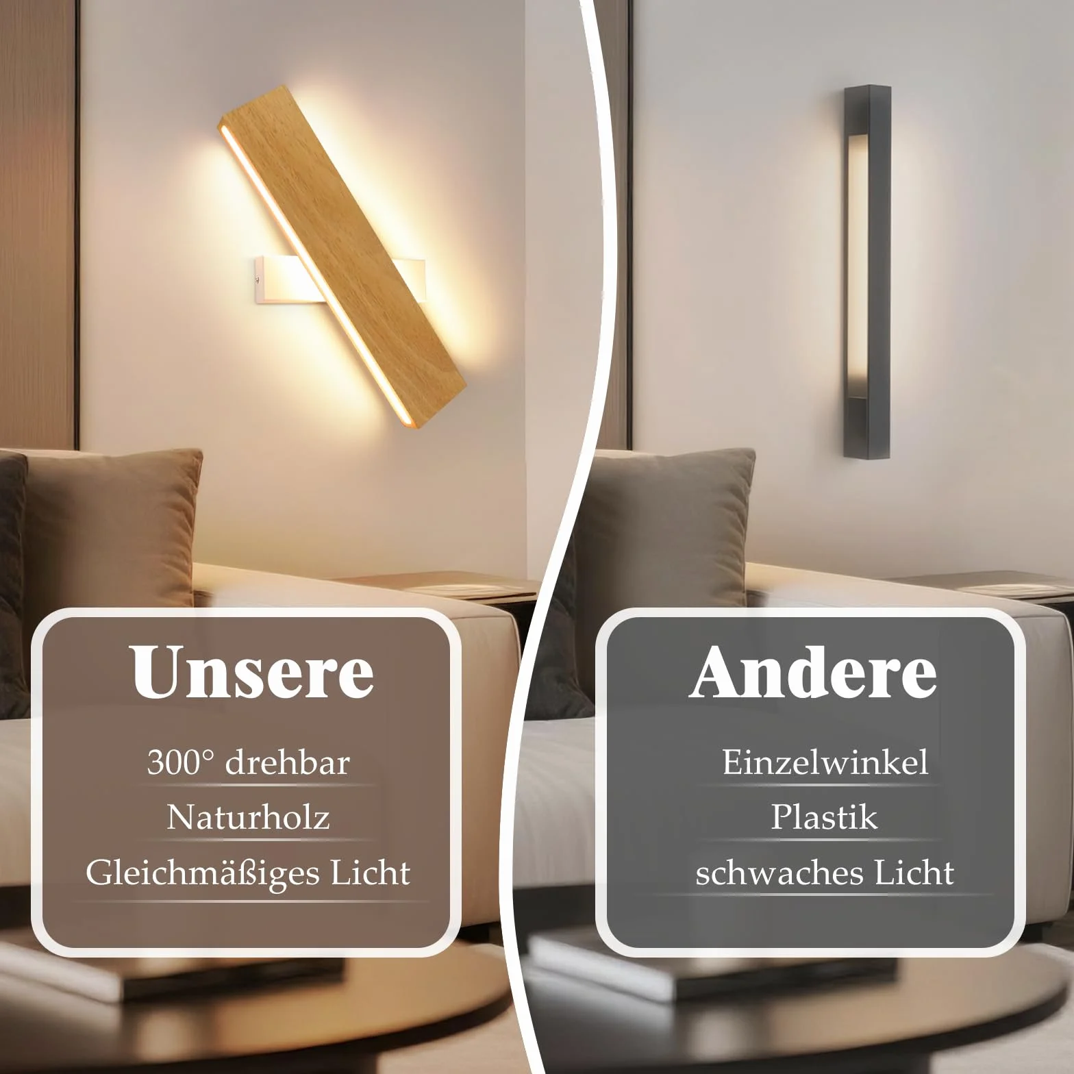 ZMH LED Wall Light Kryty kinkiet 32CM Drewniana 10W 3000K Ciepła biała Oświetlenie ścienne