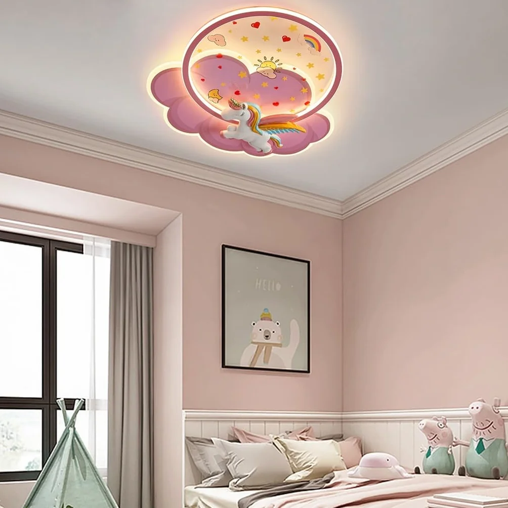 XIN'S Nowoczesna Lampa Sufitowa LED W Kształcie Jednorożca Różowe Chmury Bezstopniowo Ściemnialna Z Pilotem Nadaje Się Do Sypialni Pokój Dziecięcy Pokój Dzienny Korytarz Pokój Dziewcząt Przedszkole