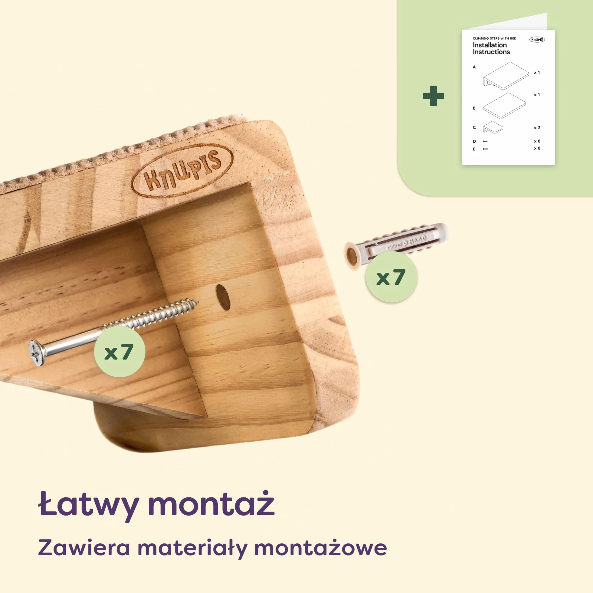 Knupis Zestaw Ściennej Drabinki dla Kota z Legowiskiem, Drewno Sosnowe, Stabilna Półka Ścienna do 30 kg, Beżowy