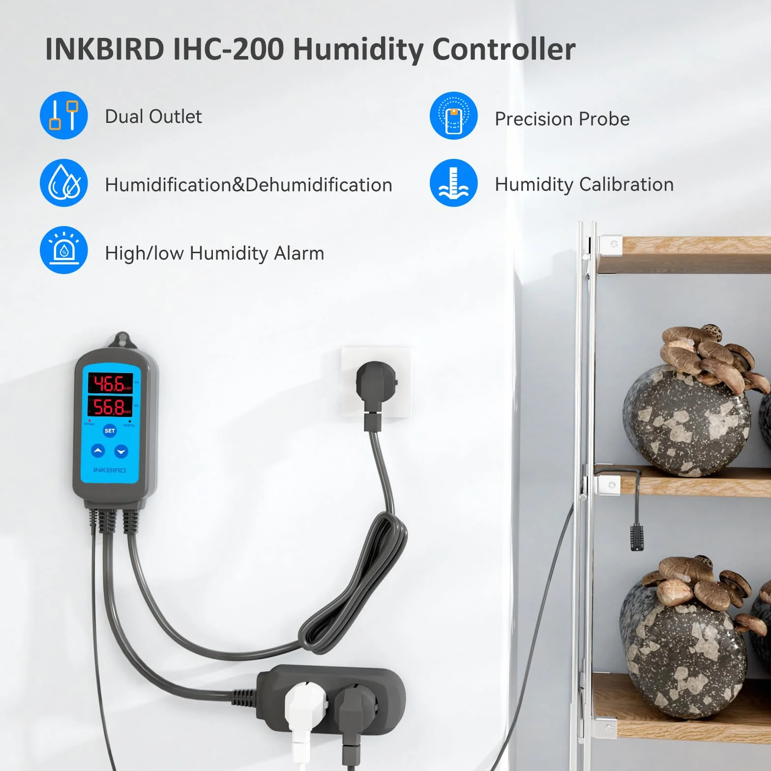 Inkbird IHC-200 regulator wilgotności 220V odtwarzanie i podłączanie higrostatu, nawilżacz osuszacz powietrza do terrarium szklarniowego z grzybami