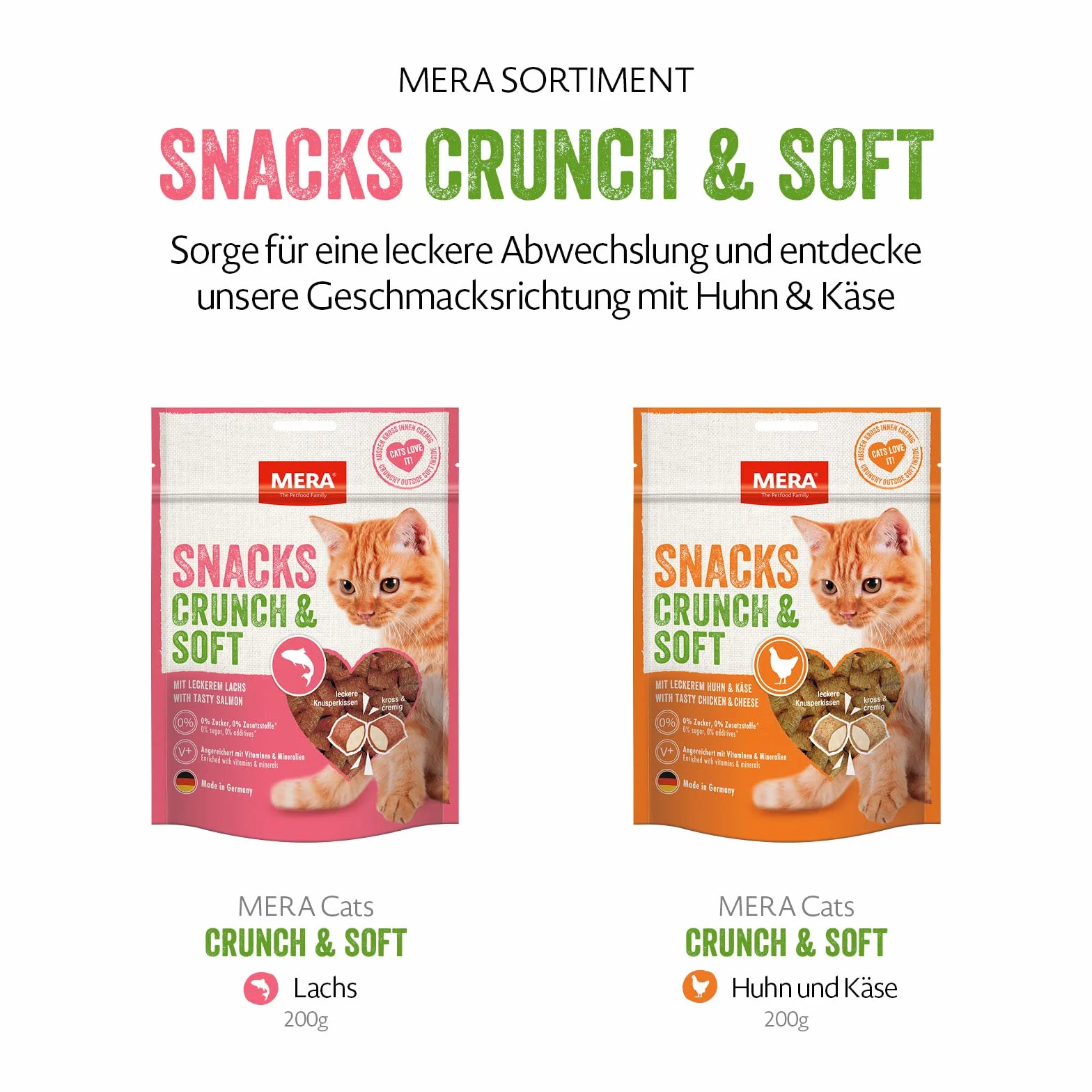 MERA Crunch & Soft z łososiem, 200 g pysznych smakołyków dla kotów, pożywna przekąska dla kota pełna witamin i minerałów, chrupiąca poduszka z kremowym wypełnieniem