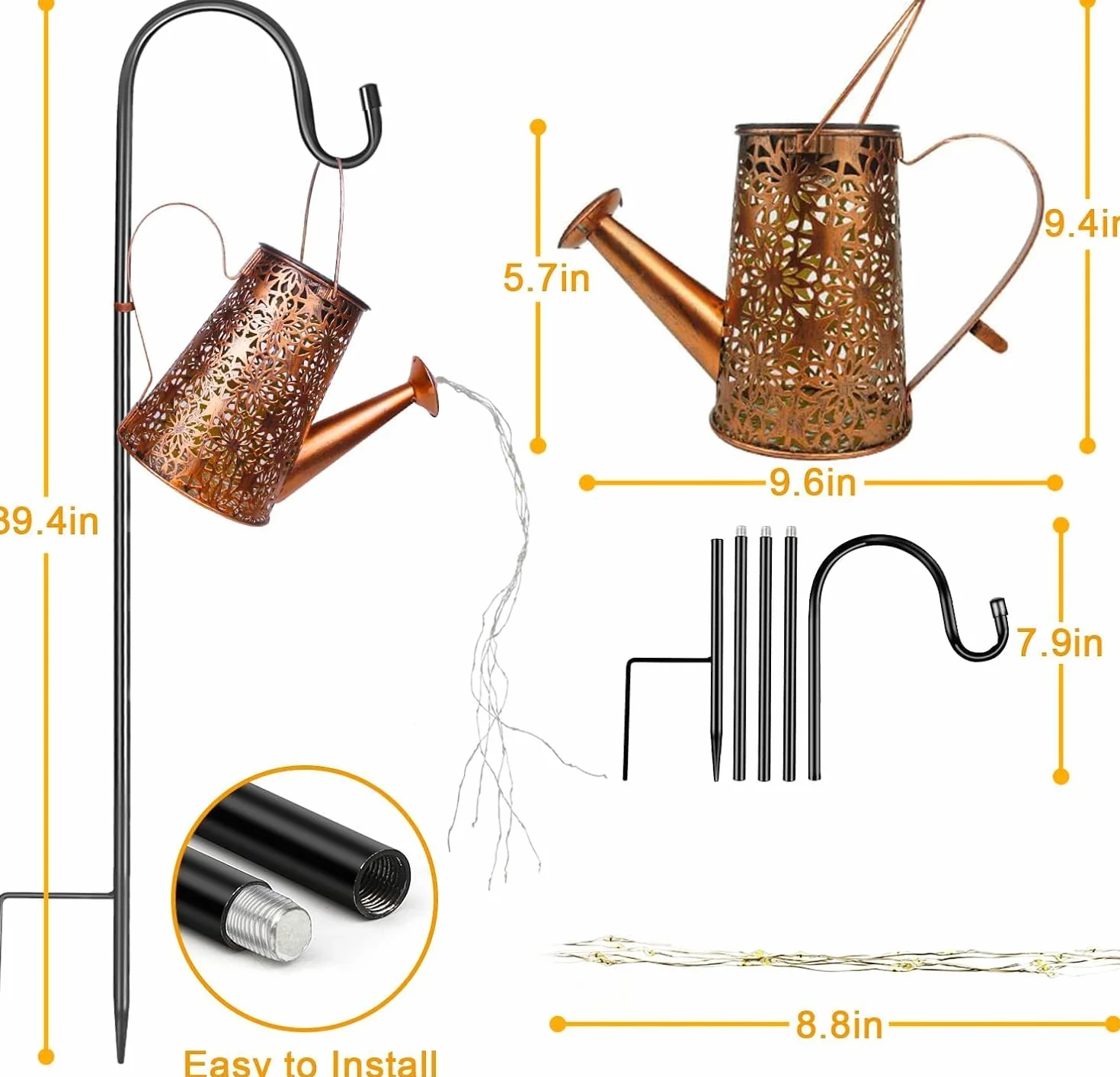 HELESIN Lampy solarne z łańcuchem świetlnym, konewka Fairy Garden Light (2 sztuki), solarna konewka LED z łańcuchem świetlnym na zewnątrz, do ogrodu, na patio, doniczkę i trawnik (z 2 stojakami)