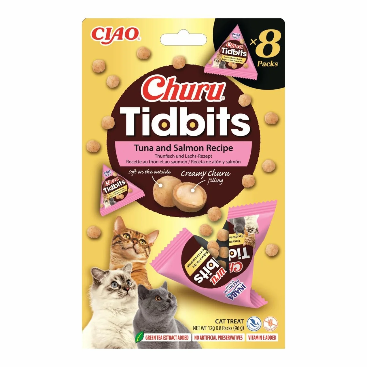 INABA Churu Tidbits Przekąski dla kotów, przysmaki z kurczaka z tuńczykiem i łososiem - 8 opakowań x 12 g - miękka przekąska z kremowym nadzieniem - karma dla kotów bez konserwantów i sztucznych